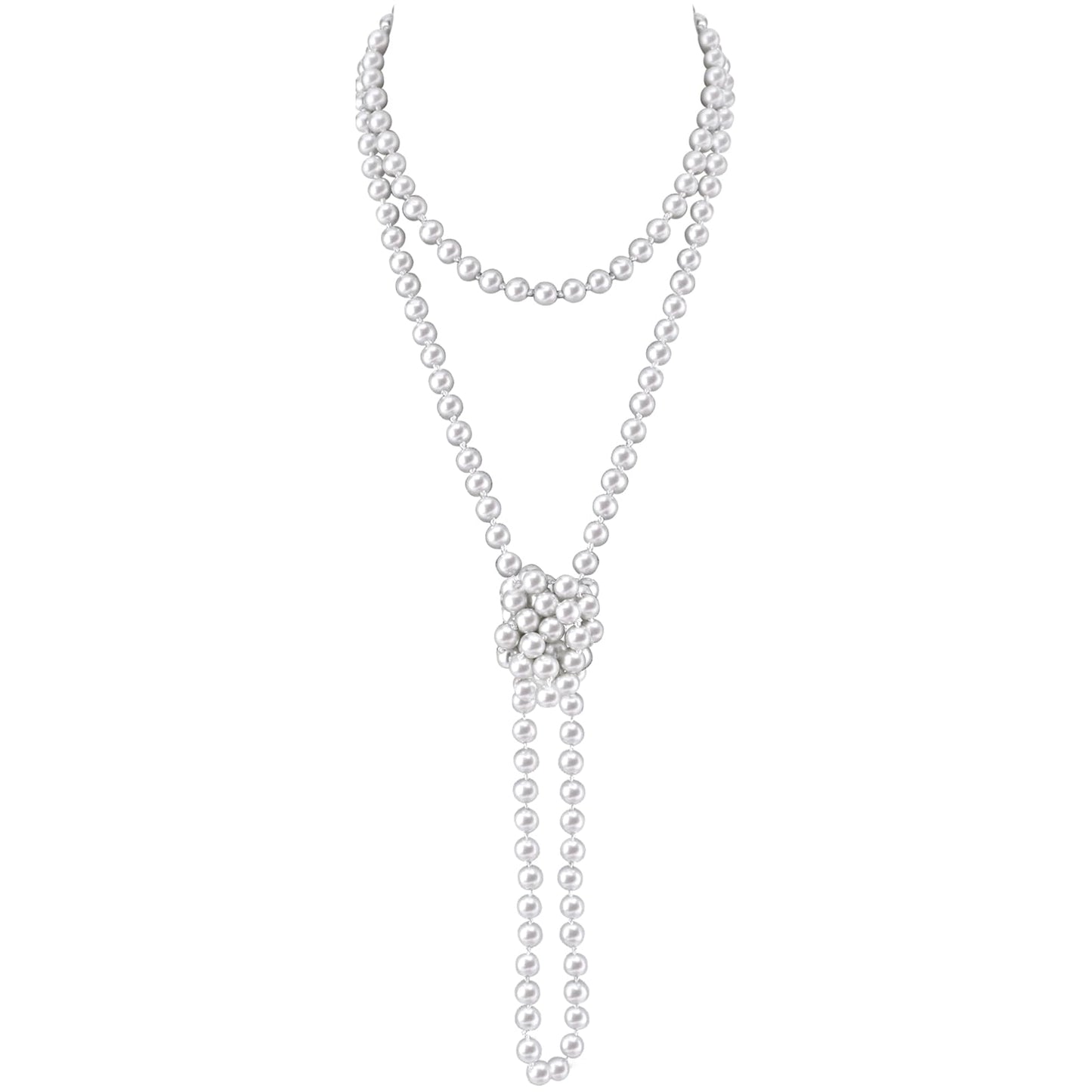 Long Beaded Pearls Necklace 1920s Flapper Pearl Necklace for Women Girls Vintage Costume Pearl Strand Necklace Layered Fashion White Faux Pearls Chain Necklaces 1920s Jewelry Accessories 63 inch Long