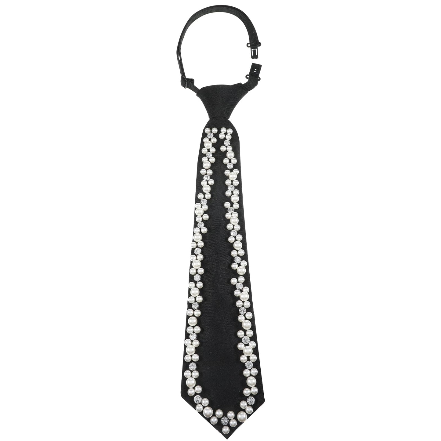 Gemoioio Faux Pearl Womens Tie, Silk Black Neck Tie with Rhinestones