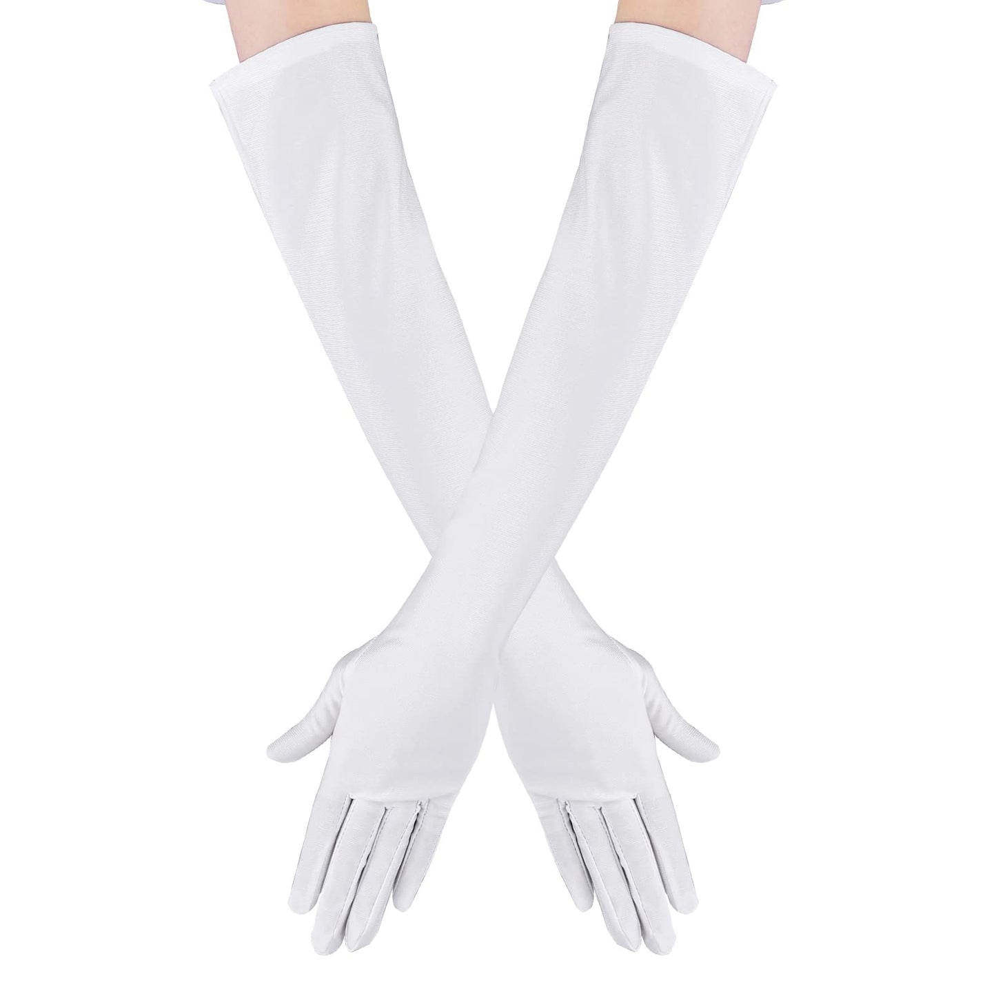 Women's Long Satin Finger Gloves Opera Bridal Dance Gloves Party White Stretchy Gloves Adult Size Total Length 21.5 In