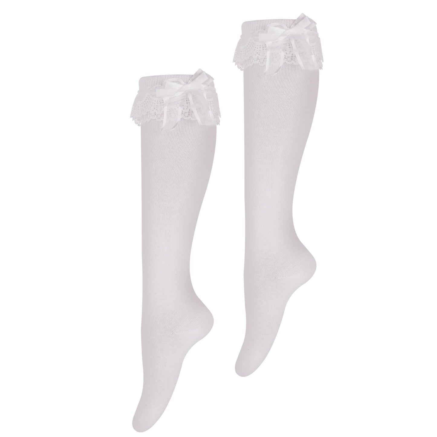 Women's Soft Knee High Socks Cotton Socks Lovely And Cute Lace Ruffle Bow Socks Tube Socks High Stockings for Lolita (White)