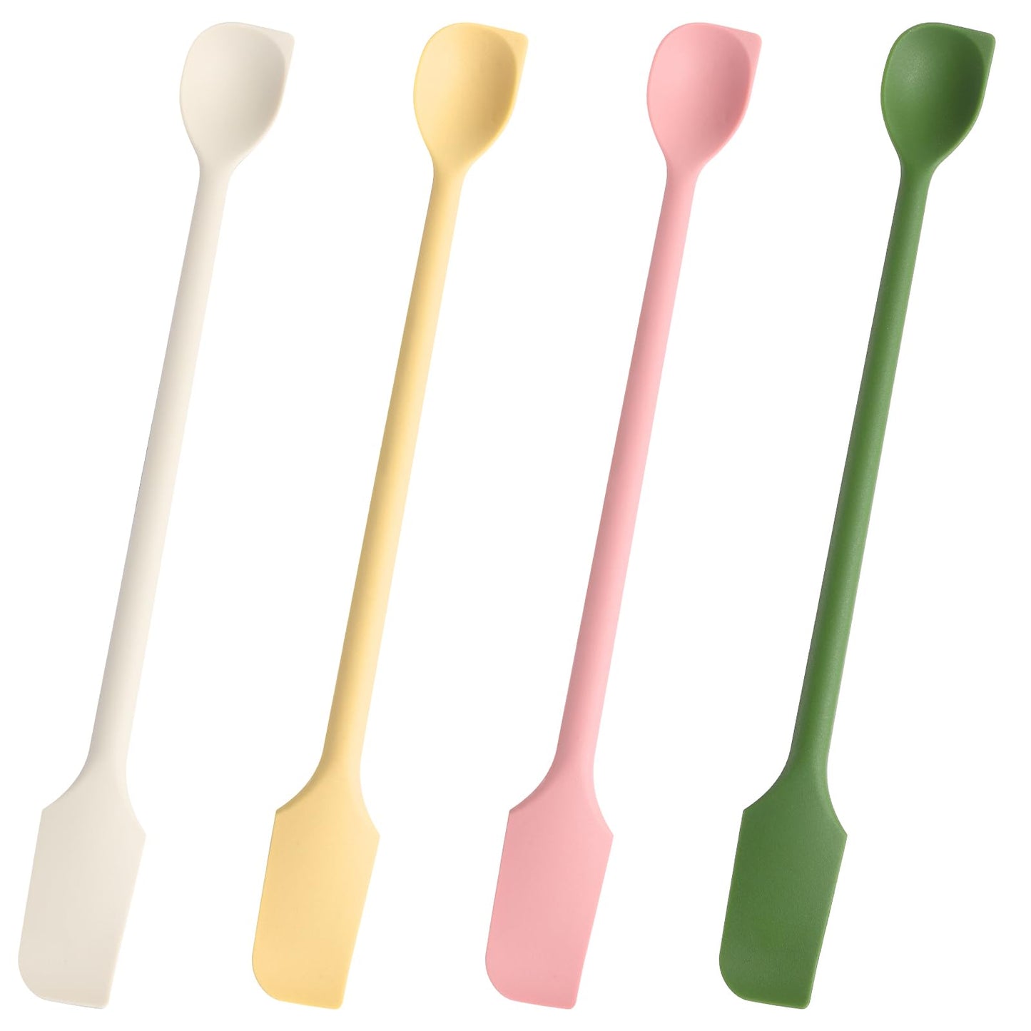 4Pcs Long Dual-End Silicone Spatula, Skinny Silicone Jar Spatula Curved End for Scraping Slim Scoop Head for Scooping and Mixing
