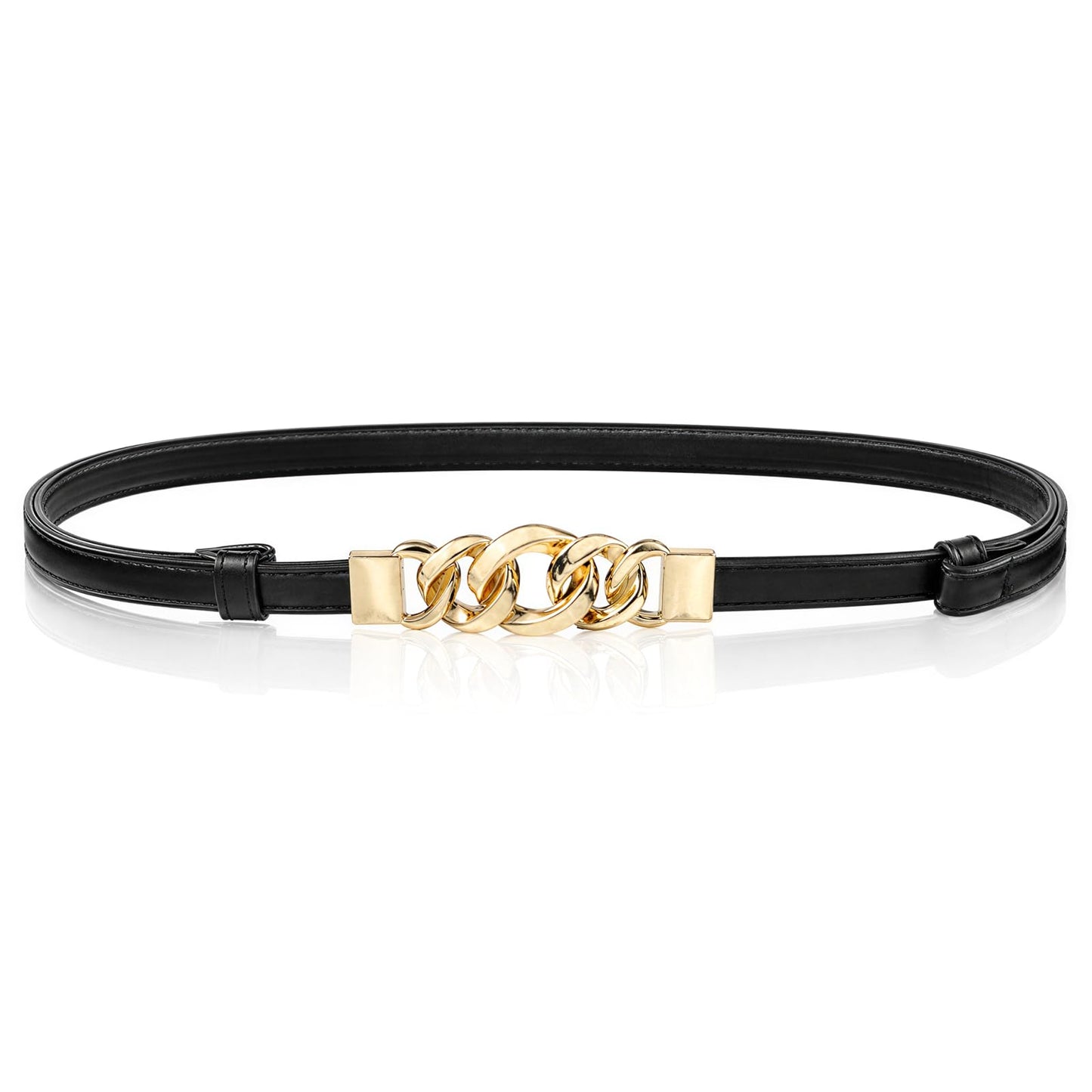 Women Skinny Belts for Dresses, Black Belt with Gold Buckle for Women