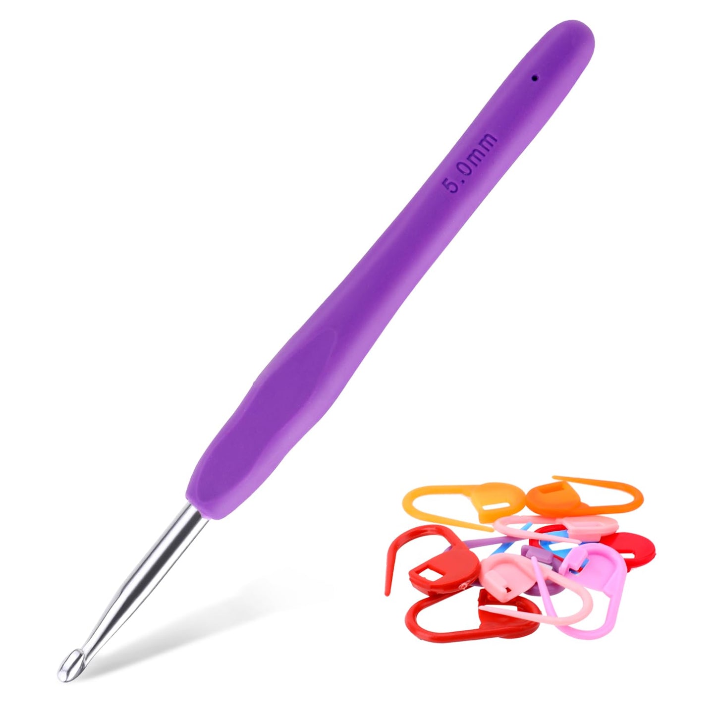 Lusofie 5mm Crochet Hook, Crochet Hooks Ergonomic Soft Grip Long Crochet Hook with 10pcs Stitch Markers Crochet Hooks for Arthritic Hands Beginners and Crochet Lovers (5mm)