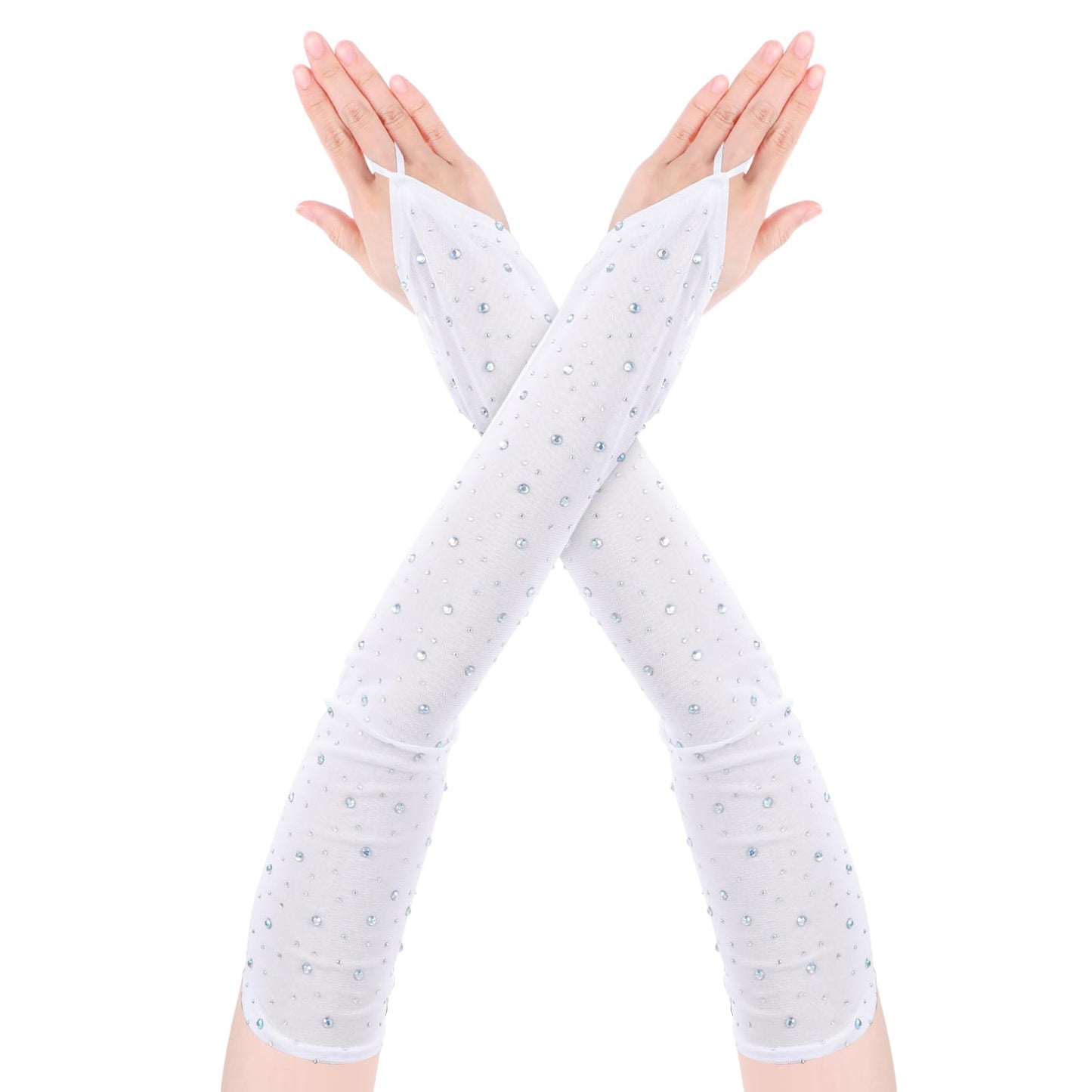 Fingerless Gloves for Women Rhinestone White Long Sheer Gloves Elbow Length Opera Tulle Womens Gloves Stretch Party Costumes 20s Cosplay Halloween Evening Wedding Dinner Bridal Dance Glitter Gloves