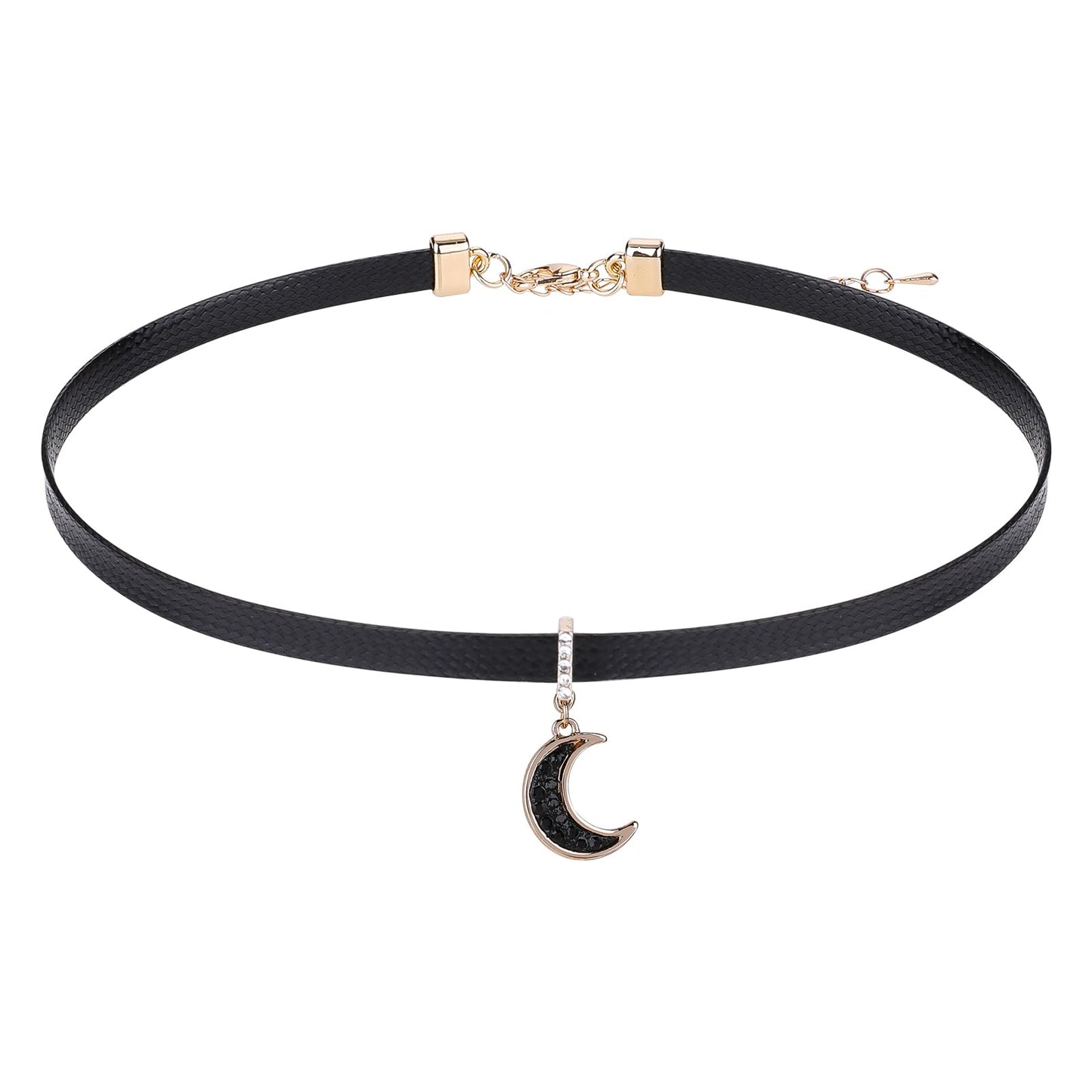 Black Leather Choker Adjustable Black Moon Choker Gothic Thin Choker Necklace Leather Chocker Collar for Women Witch Chokers Black Collar Necklaces with Moon Pendant, Jewelry Gift for Women Girls Teen