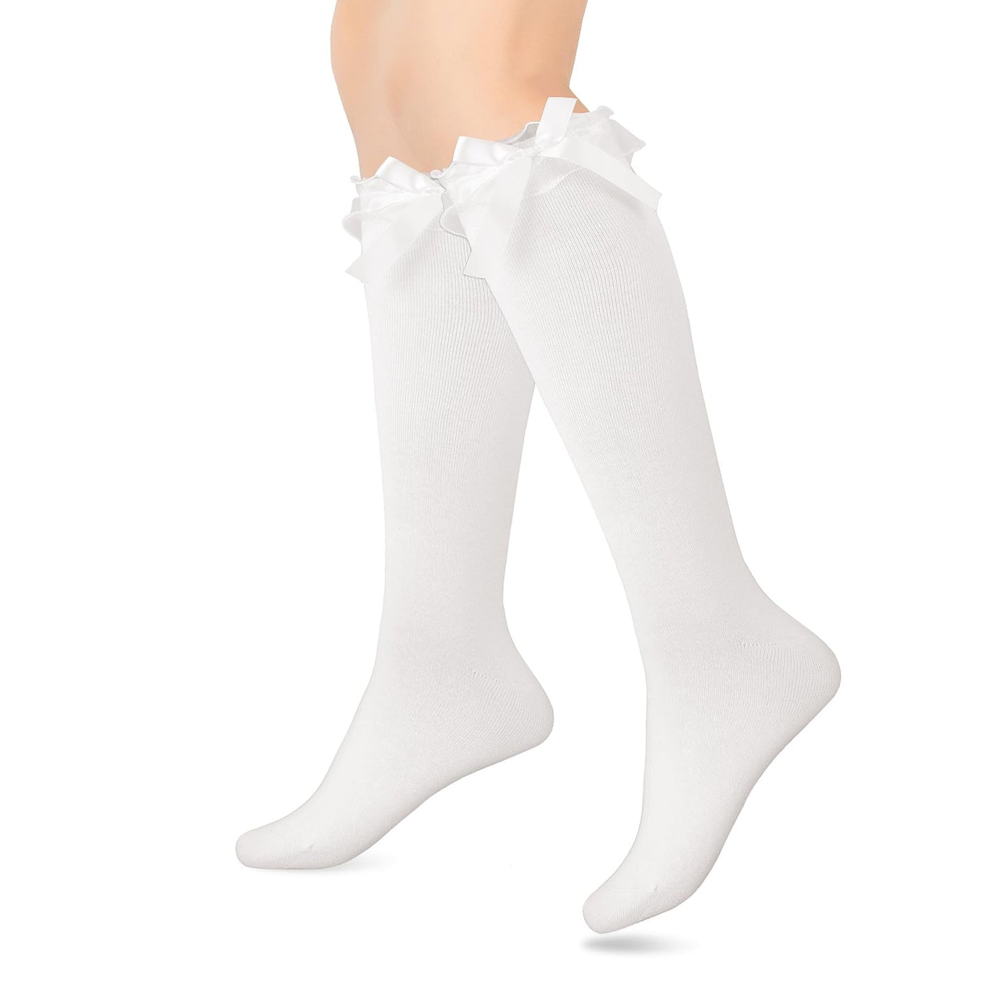 White Kruffle Socks, Cotton Lolita Knee High Socks with Bow Frilly Socks Women for Daily Wear School Dating Dance Performances Parties Suitable for Girls and Women