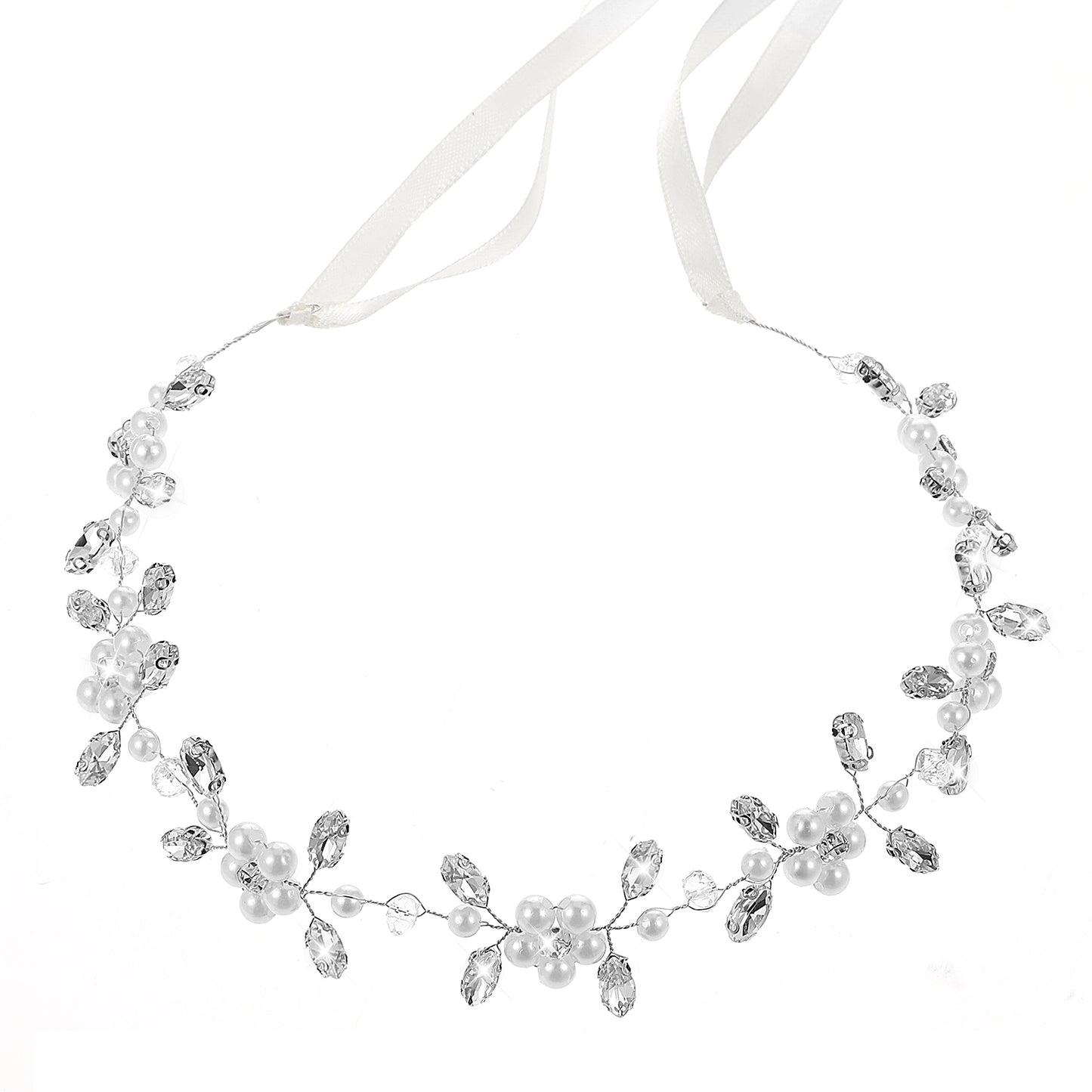 Flower Girl Headpiece with Streamers Gold Wedding Headband for Girl Crystal Pearl Flower Girl Hair Accessory for Wedding Birthday Party Photography First Communion (Silver)