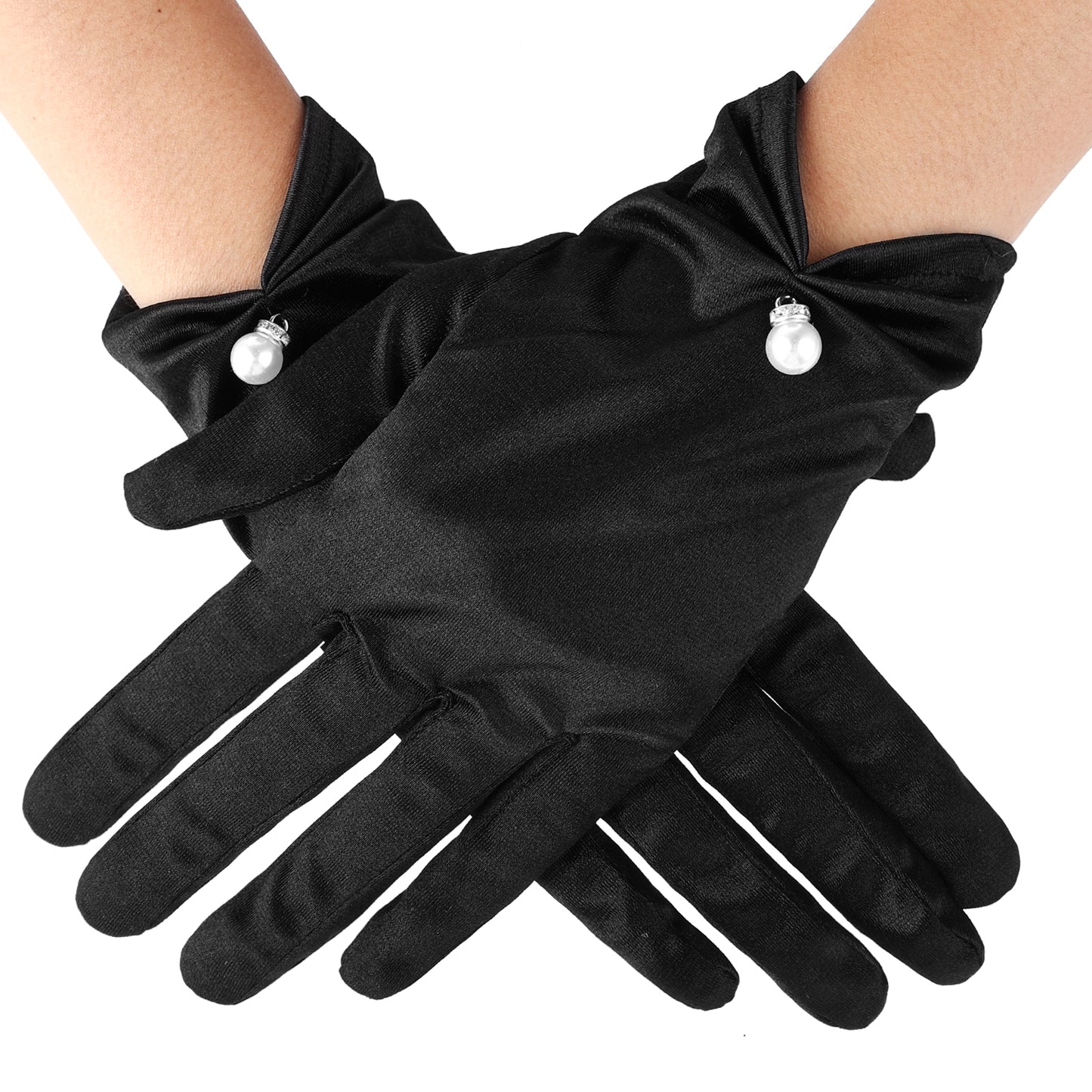 HaiFafafaing Short Satin Gloves White Gloves Women Wrist Length Satin Wedding Gloves 1920s Pearl Bridal Gloves Banquet Opera Tea Party Tuxedo Uniform dress gloves for Women and Girls (Black)