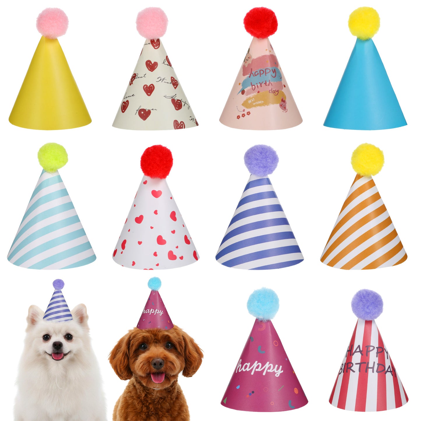 10pcs Colorful Mini Party Hats, Cute Dog Party Hats with Pom Poms for Kittens Rabbits Dogs and Stuffed Animals, Adjustable Cone Hat for Birthdays and Celebrations