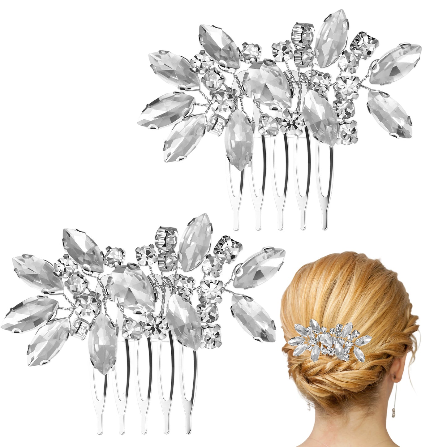 2 Pcs Bridal Rhinestone Hair Comb – Rhinestone Silver Flower Wedding Hair Pins for Bride, Secure Grip Non-Slip, Elegant Crystal Comb for Updo, Bridesmaids & Women
