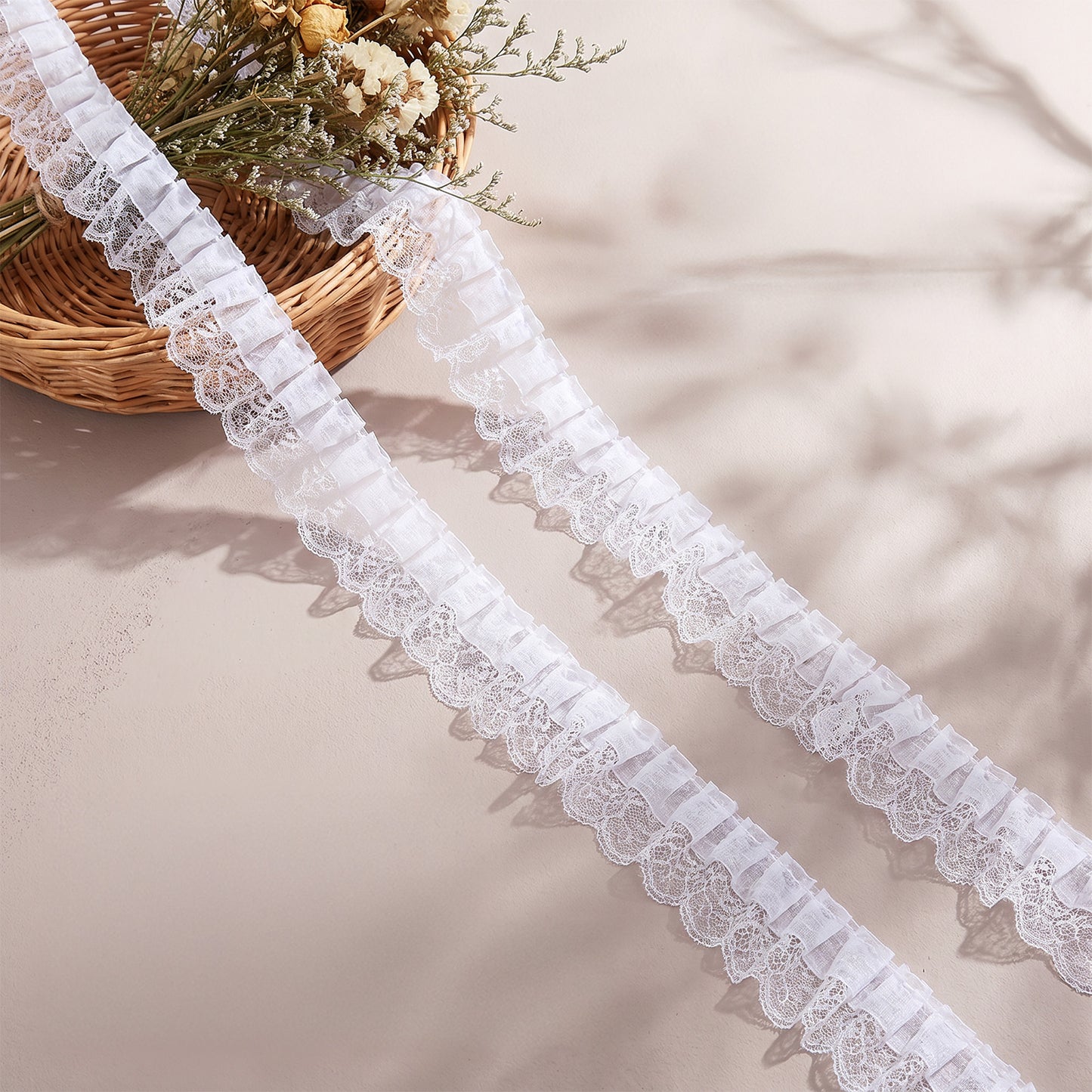 11 Yards White Lace Ribbon, Double Layer Chiffon Lace Ruffle Trim for Crafts, Pleated Edge Soft Ribbon Fabric Edging for Sewing Wedding Bridal Gowns Crafts DIY Costumes Home Decor (White)