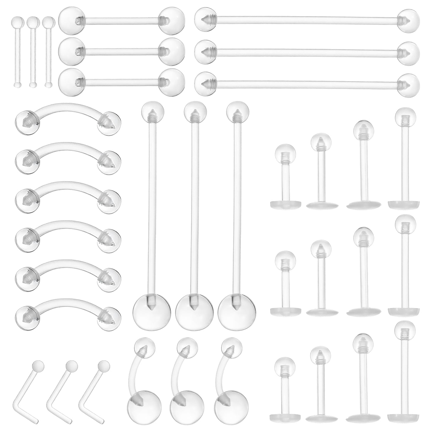 Neyauo 36pcs Clear Acrylic Piercing Retainer Set, Flexible Bioflex Plastic Nose Studs, Lip Rings, Eyebrow Rings, Tongue Ring, Belly Button Ring, Industrial Barbell