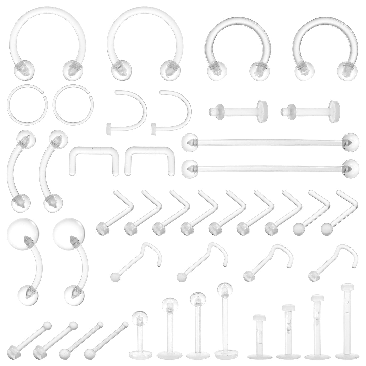 Telooco 43Pcs Piercing Retainers, Clear Plastic Nose Studs Rings Septum Cartilage Earrings Eyebrow Lip Tragus Belly Piercing Jewelry for Men Women