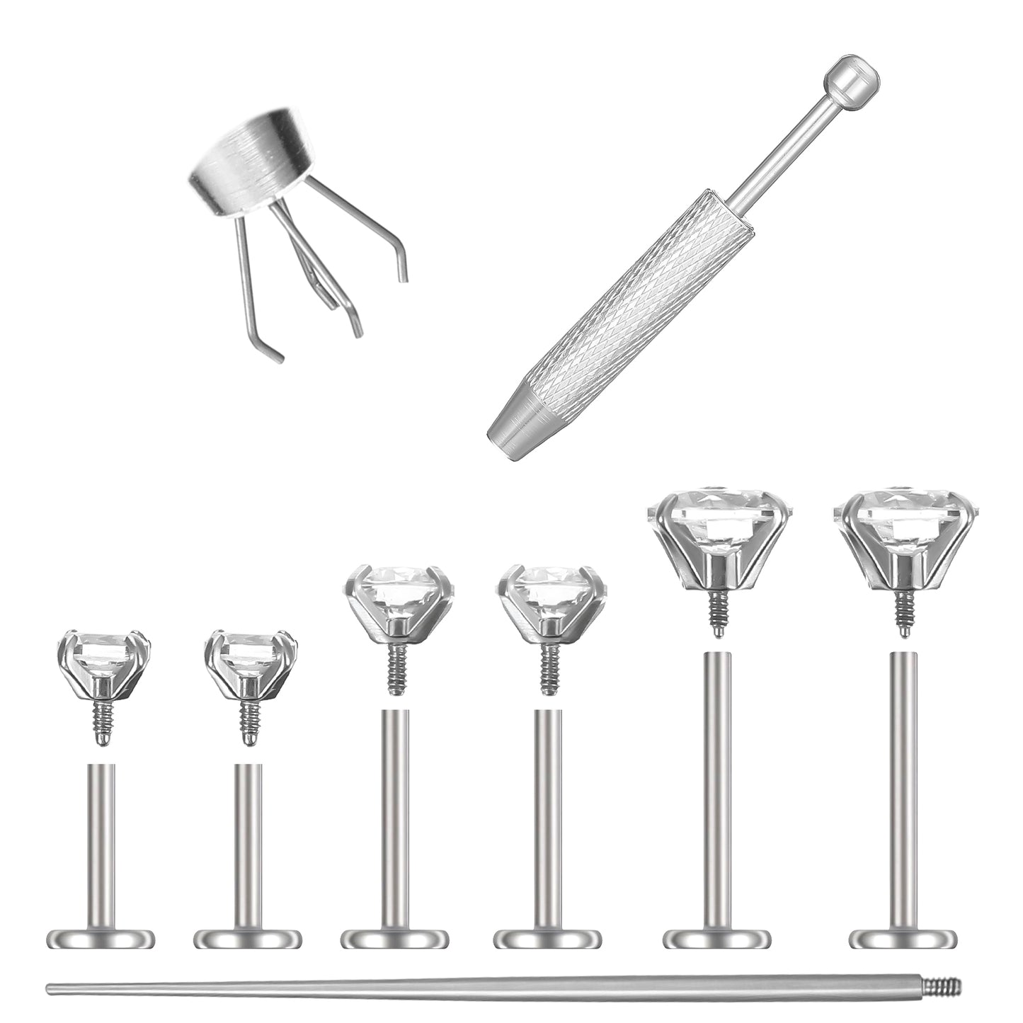 Tucnoeu Surgical Steel Flat Back Stud Earrings for Women, Internal Thread Tragus Helix Cartilage Conch Nose Monroe Labret Medusa Piercing Jewelry with Piercing Ball Grabber Tool, 18G Silver