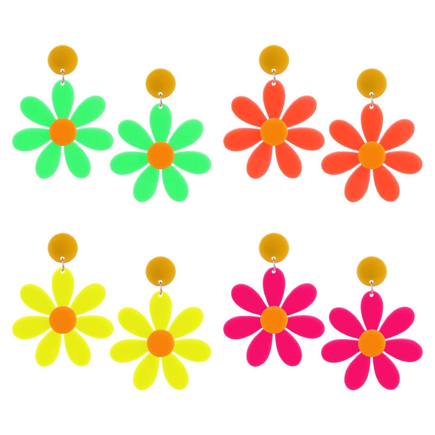 Hekoujiub 4 Pairs Neon Flower Earrings Acrylic Statement Earrings 80s Earrings for Women Flowers Dangle Earrings Neon Accessories for 80s Outfit Glow Party Earrings