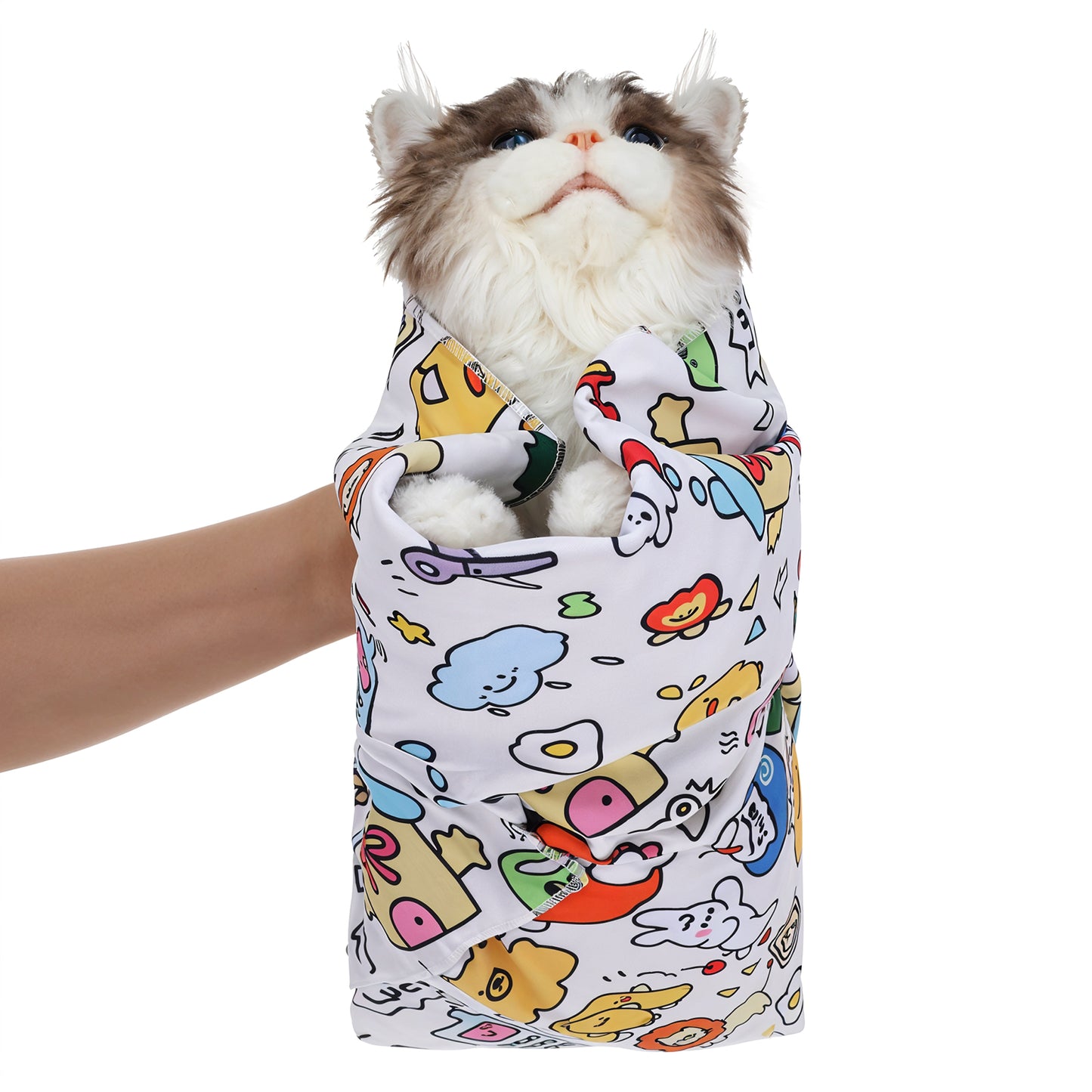 Cat Wrap for Cutting Nails, Cat Restraint for Nail Clipping, 70x70cm Cat Swaddle Wrap, Self-Adherent, Anti-Bite, Anti-Scratch, Anti-Escape Cat Grooming Wrap, Multifunctional Pet Tool (Graffiti Color)