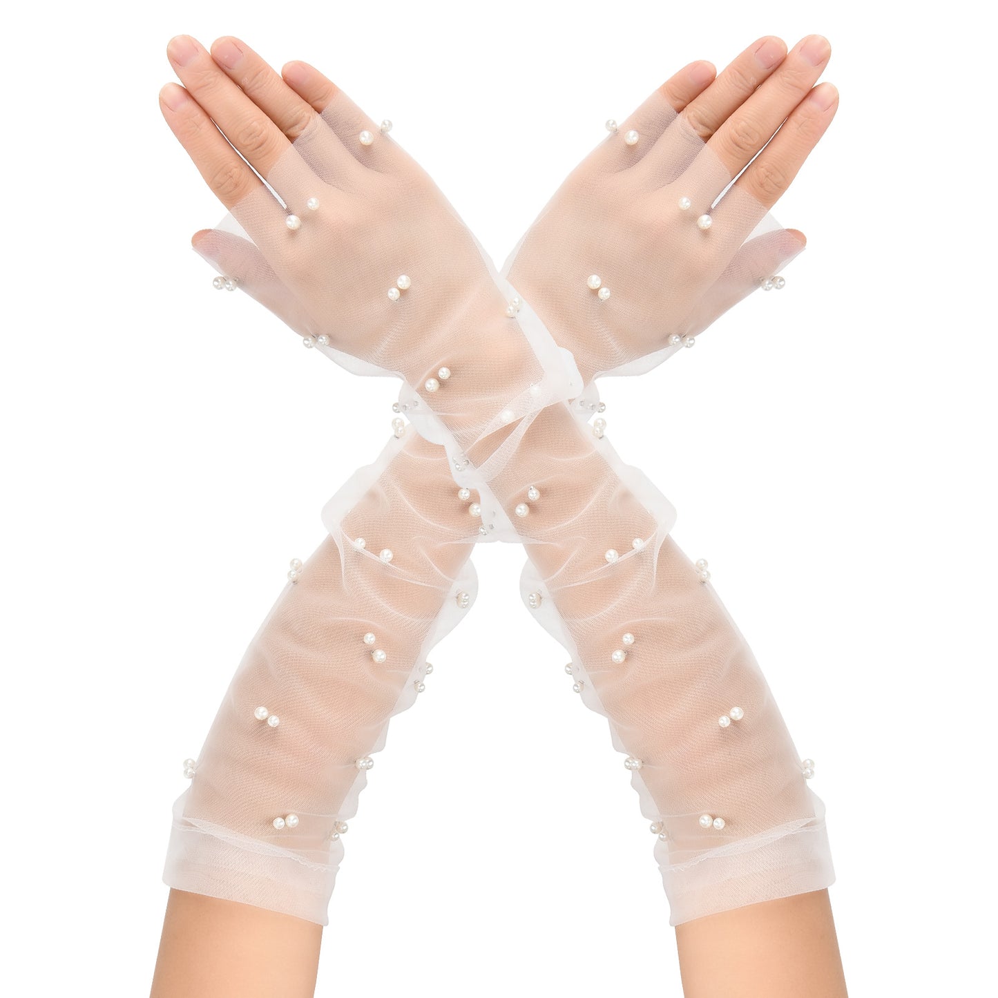 Tucnoeu Women's Long Fingerless Tulle Gloves with Pearls | Elegant Bridal Wedding Opera Party Gloves | Sheer Mesh Elbow Length for Women and Girls
