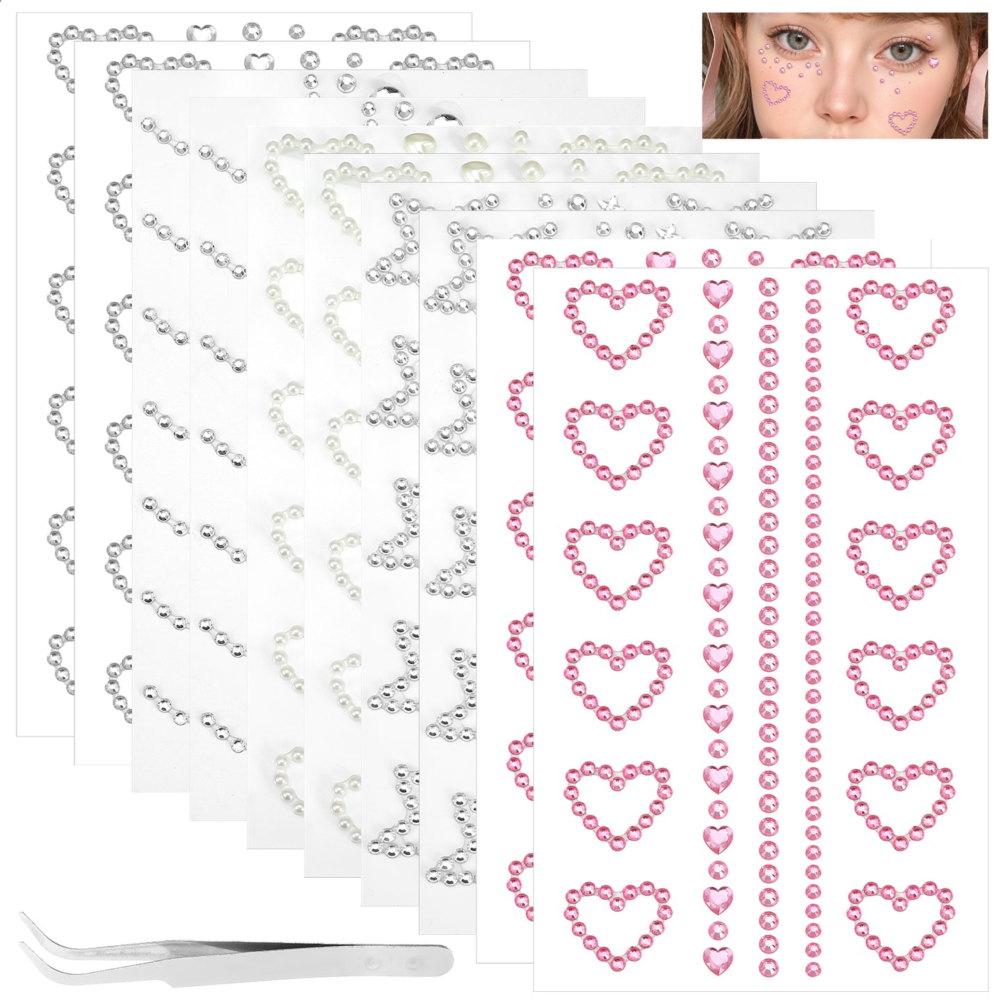 10 Sheets Self-Adhesive Face Gems with Tweezers Stick-On Jewels for Women, Makeup, Festivals, Crafts, and Decorations