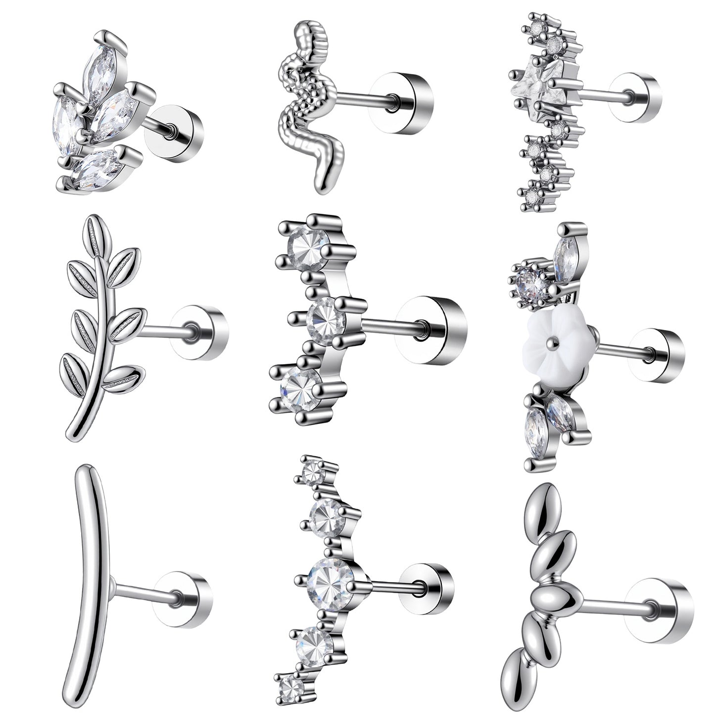 Yolev 9Pcs Flat Back Cartilage Earrings for Women Silver Conch Helix Piercing Jewelry Trendy 16G Gauge Earrings Snake Leaf Flower Star CZ Flat Back Stud Earring Set Tragus Earrings for Women Ears