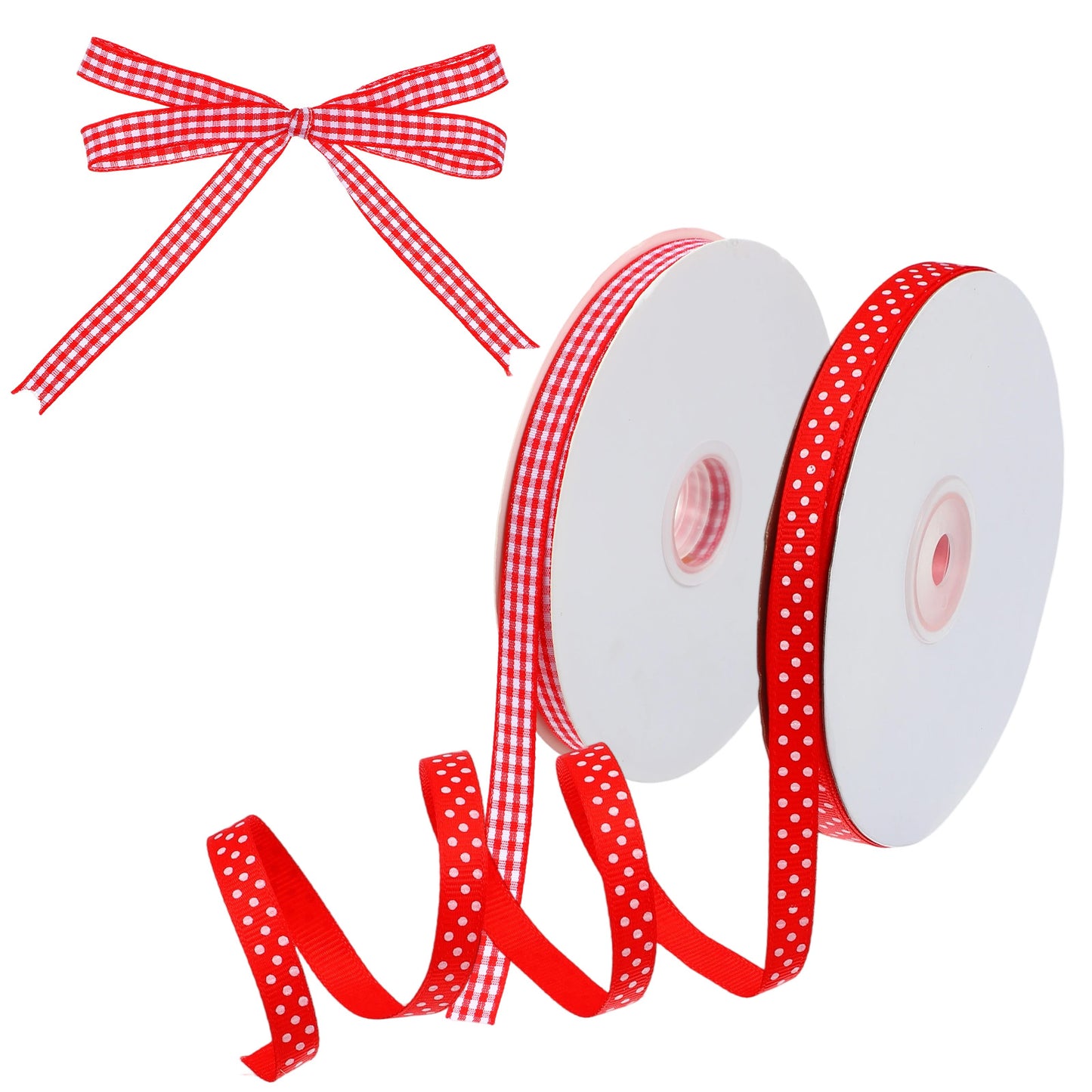 Red Gingham Ribbon, 2 Rolls Polka Dots and Plaid Checkered Ribbon for Gift Wrapping Christmas Decoration (10mm x 50 Yards Per Roll)