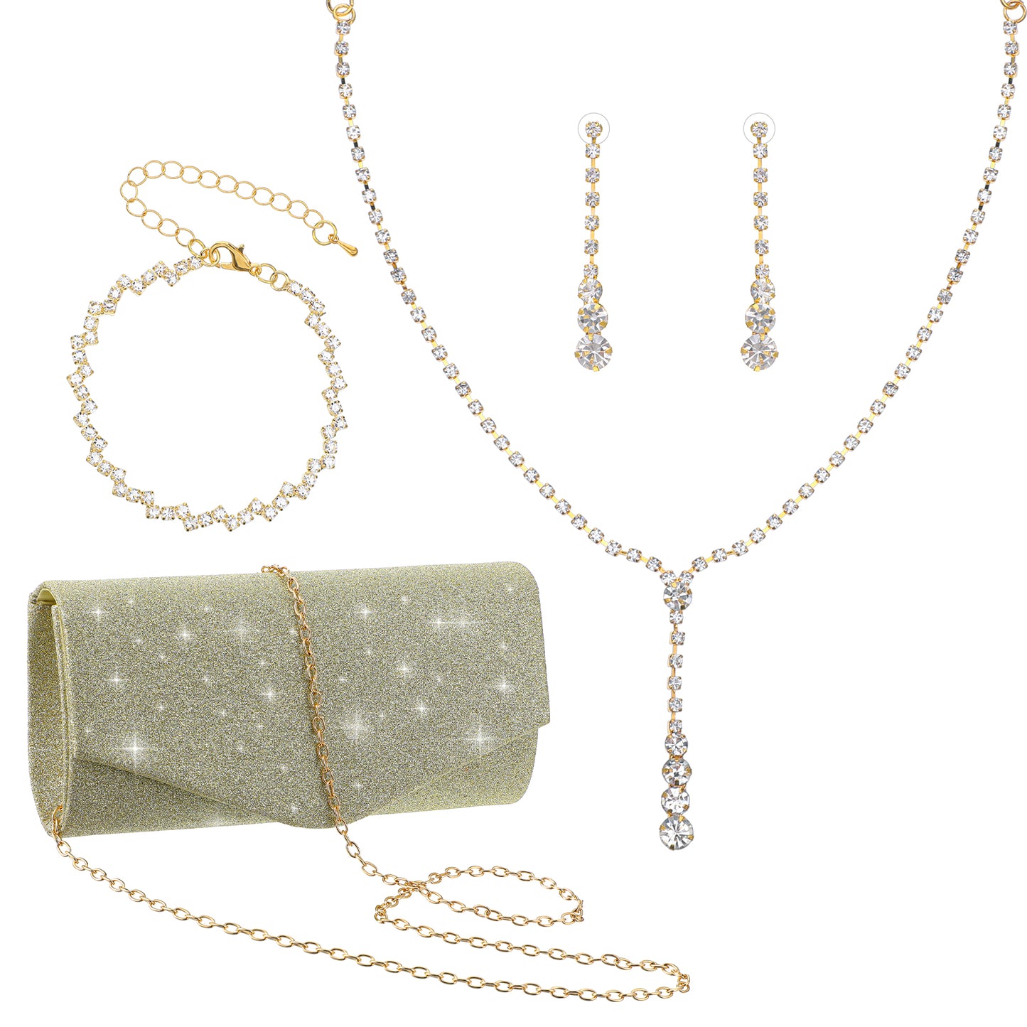 Yolev Prom Jewelry Set for Women Gold Clutch Purses for Women Formal Bride Jewelry Set for Wedding Day Include Gold Necklace, Earring and Bracelet for Brides Bridesmaids