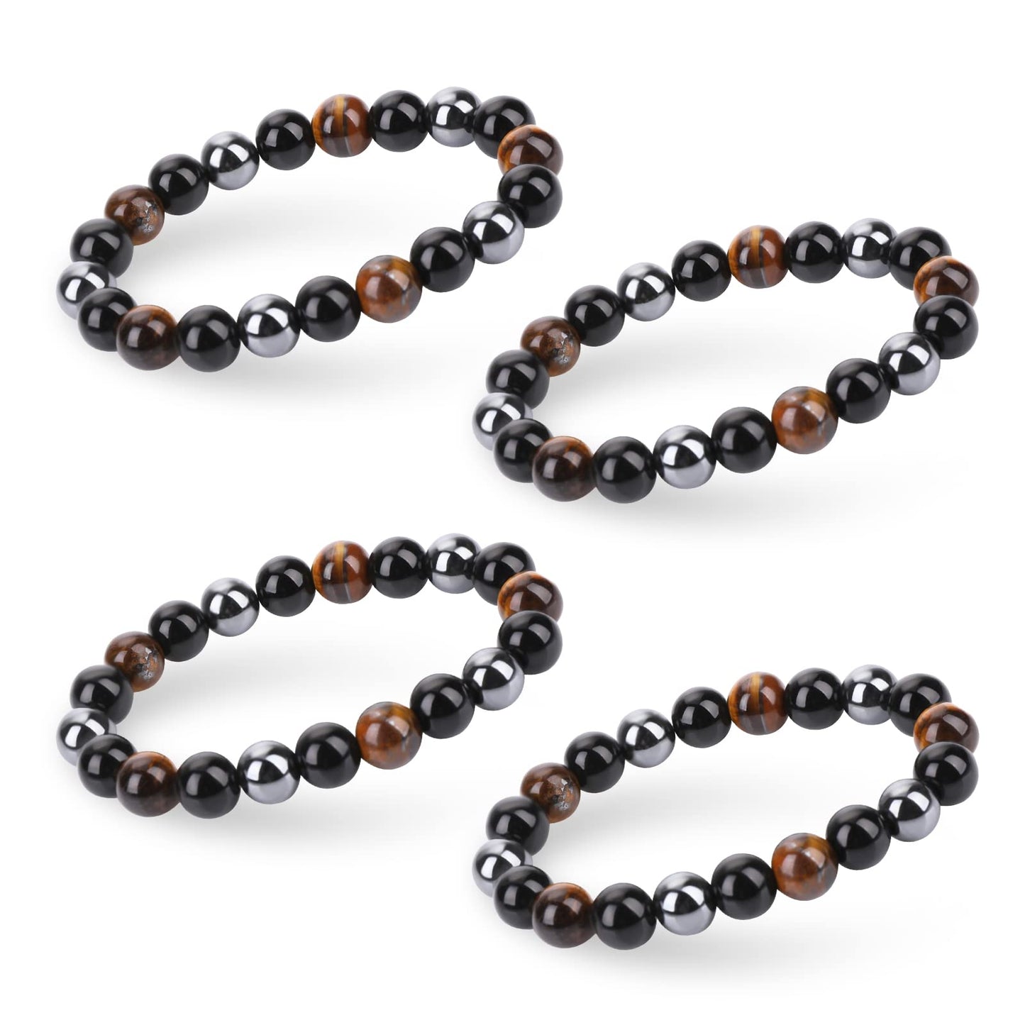 Yolev 4Pcs Triple Protection Bracelet, Tiger Eye Black Obsidian Hematite Elastic Bracelet Prosperity Hematite Black Obsidian Tiger Eye Stone Bracelets for Men Women