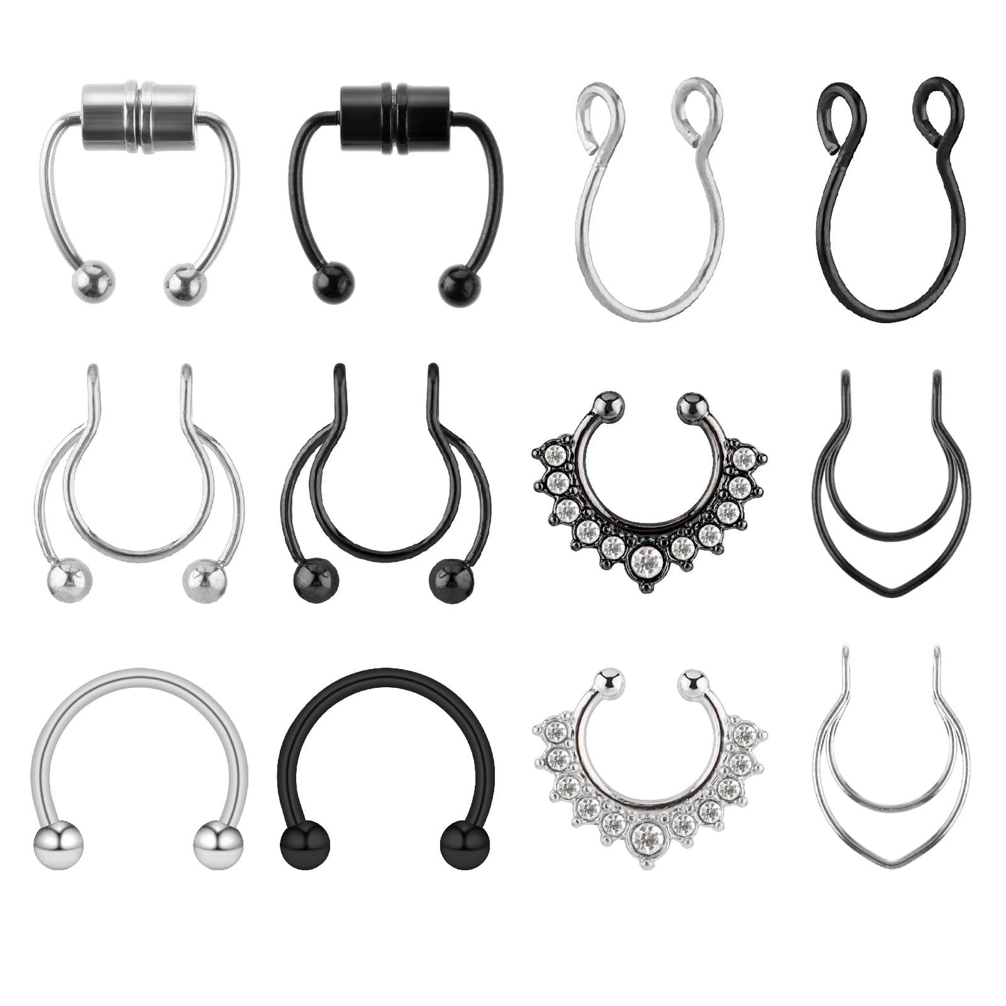 Lusofie 12Pcs Fake Nose Rings Magnetic Septum Ring Fake Septum Piercing Clip on Nose Ring Stainless Steel Non Piercing Septum Jewellery for Women Men(Silver, Black)