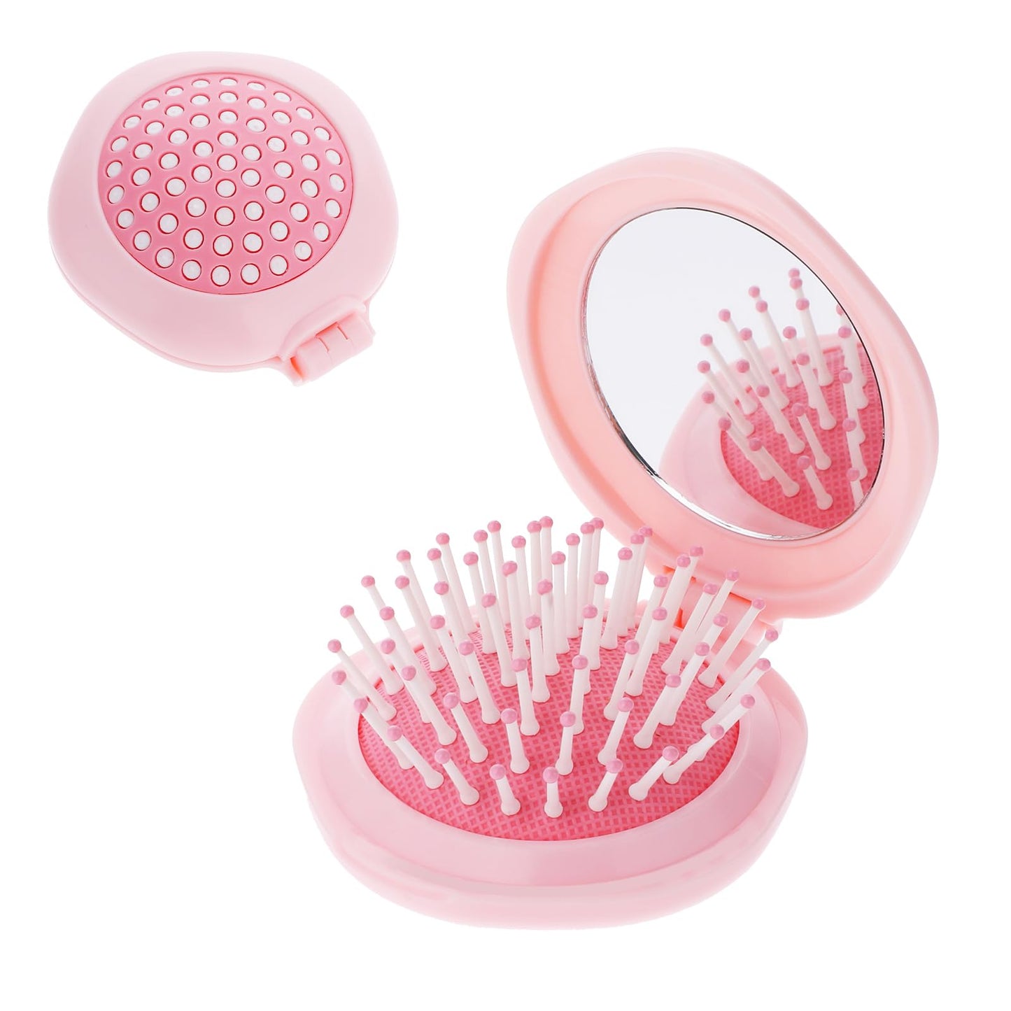 Round Mini Hair Brush with Mirror,Folding Hair Brush Travel Size,Mini Massage Hair Brush with Mirror,Portable Pocket Compact Hair Brush(Pink)