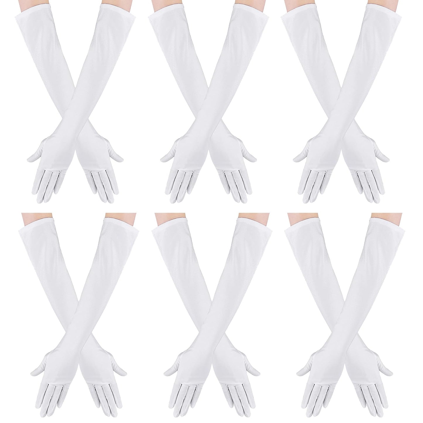 Yolev 6 Pairs Long Satin Gloves Stretchy Elbow Length Gloves Fancy Dress Gloves for Women for Evening Opera Bridal Party Wedding Prom Costume Accessories (White)