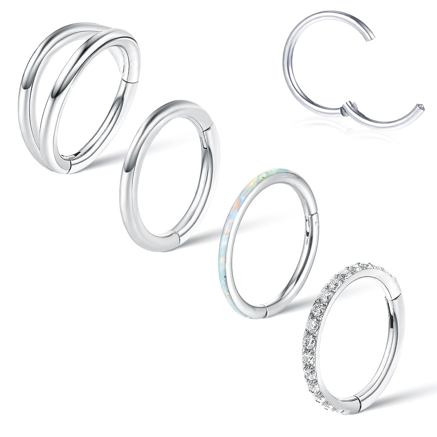 Yolev 4PCS 18G Hinged Nose Rings Hoop Surgical Steel Septum Clicker Hoops, 8MM Silver Nose Body Piercing Jewelry For Women Men CZ Tragus Cartilage Earring