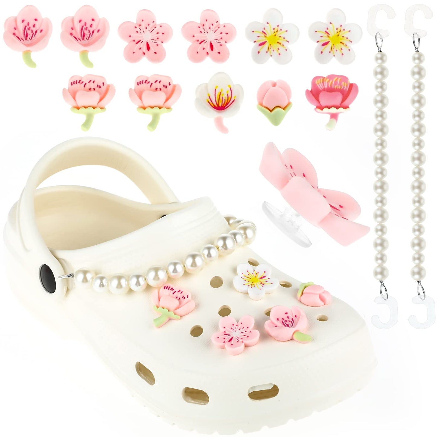 Lusofie 13PCS Shoe Charms for Women Cute Cartoon Shoe Charms Decoration with 2 Pearl Chain DIY Clog Sandals for Women and Girls Cute Flower Pins, Cool Trendy Shoe Decoration