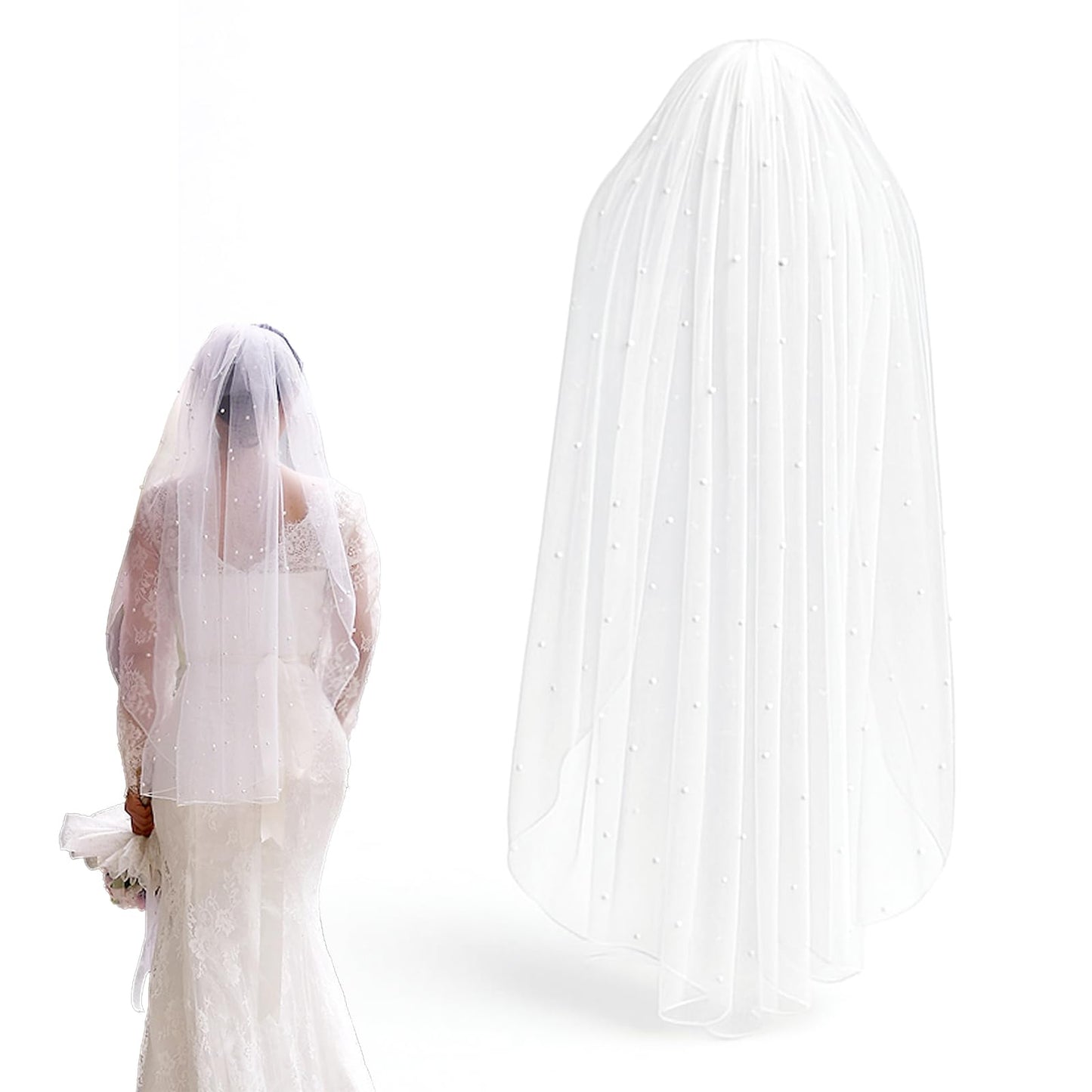 Wedding Bridal Veil 1 Tier Soft Tulle Pearl Veils for Brides Wedding Veils Comb Bride Bachelorette Party Veil for Women and Brides