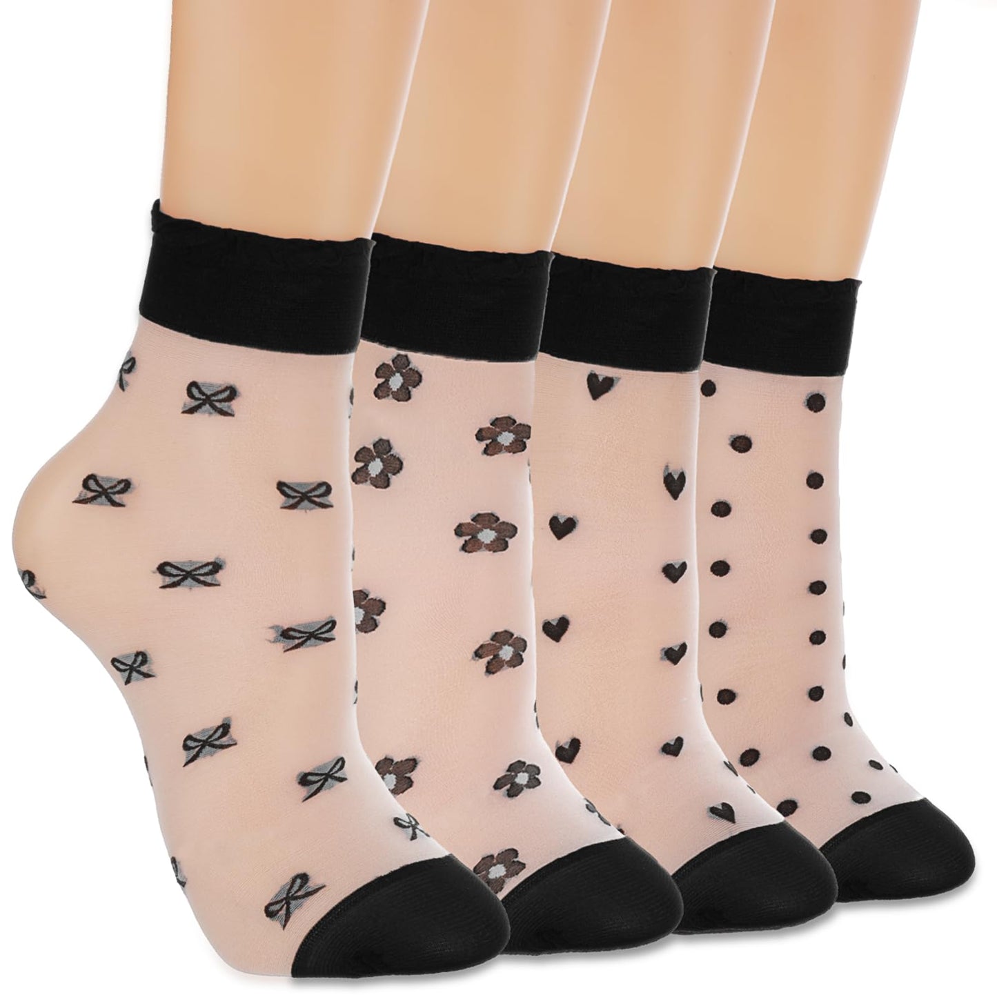 DIVINA VITAE 4 Pairs See Through Socks Elastic Womens Sheer Socks Thin Transparent Mesh Socks Clear Nylon Socks Lace Ruffle Sheer Crew Socks Women Fashion