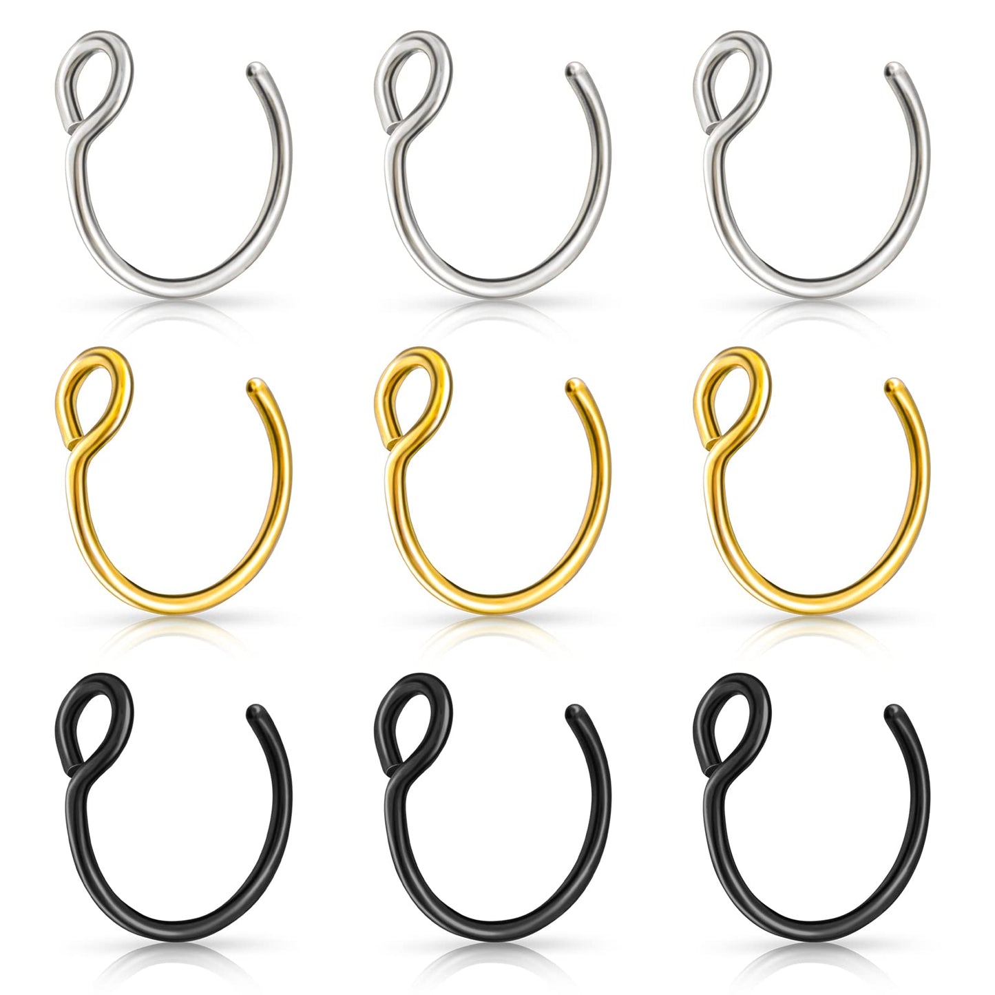 Yolev 9Pcs Fake Nose Rings,Fake Nose Ring Hoop Stainless Steel Nose Hoop for Faux Lip Septum Nose Ring Set Non Piercing Lip Rings, gold, silver, black
