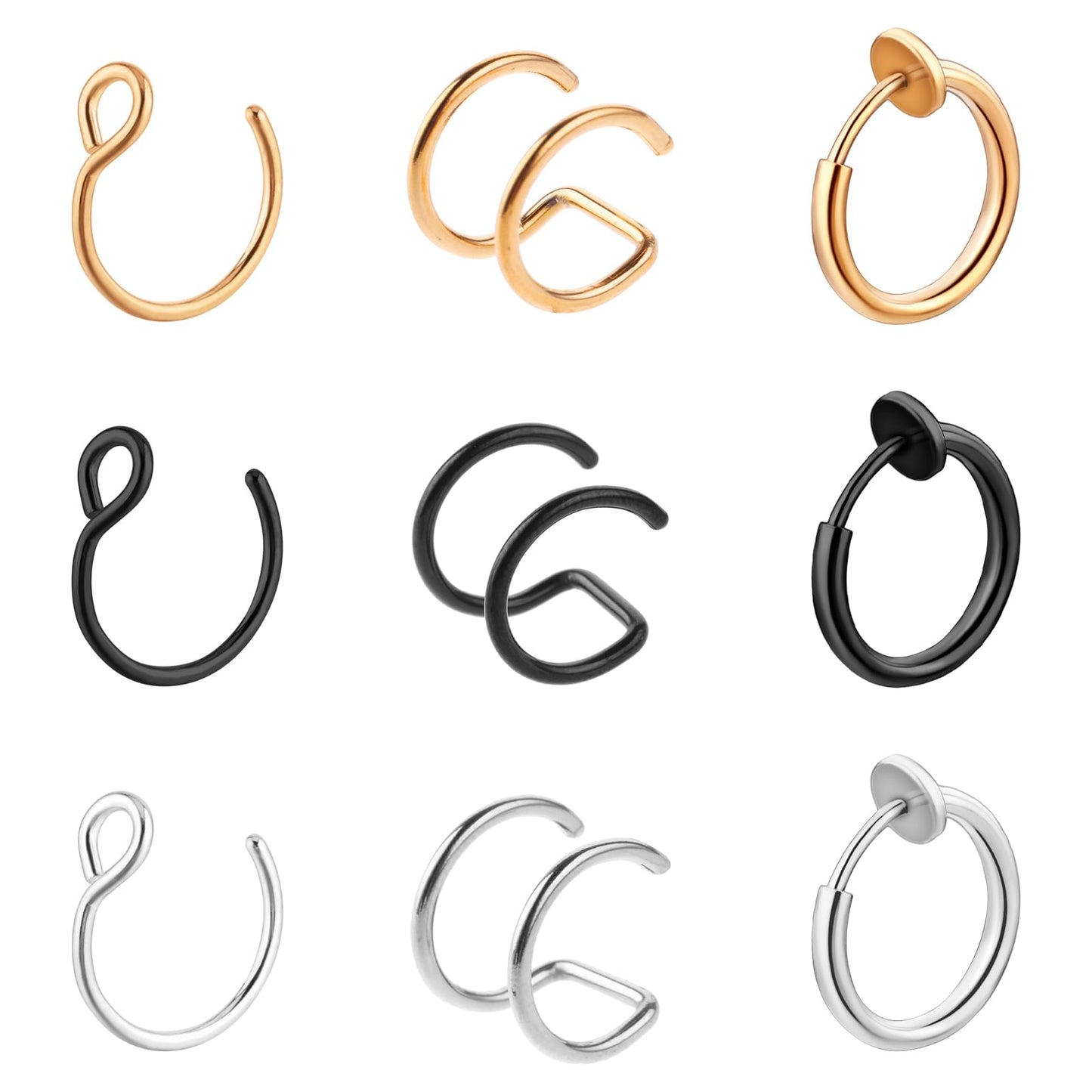 Yolev 9Pcs Septum Piercings Stainless Steel Magnetic Nose Ring Jewelry Fake Nose Ring Gold Fake Nose Rings for Women Clip On Fake Nose Piercing