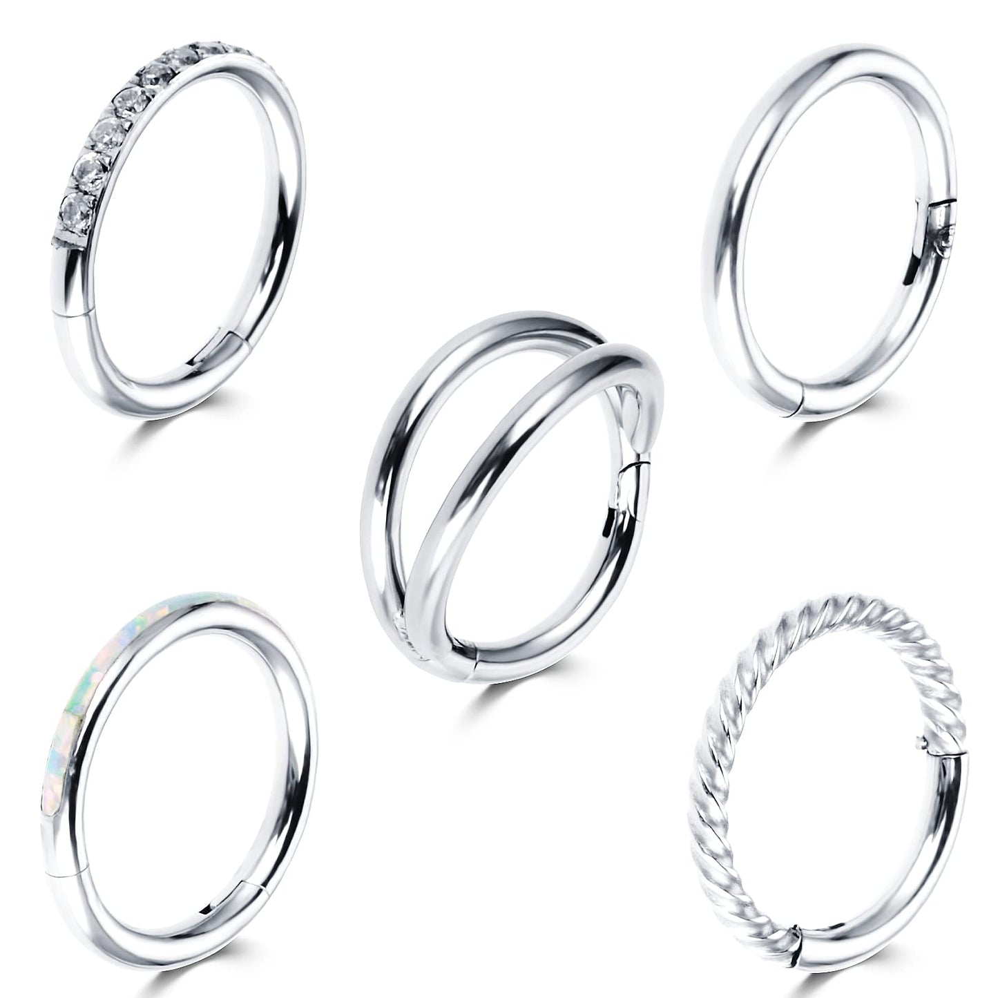 Yolev 5Pcs 18G Nose Rings Hoops Hinged Clicker Septum Ring CZ Tragus Cartilage Double Nose Ring Silver Nose Body Piercing Jewelry for Women Men(8MM)