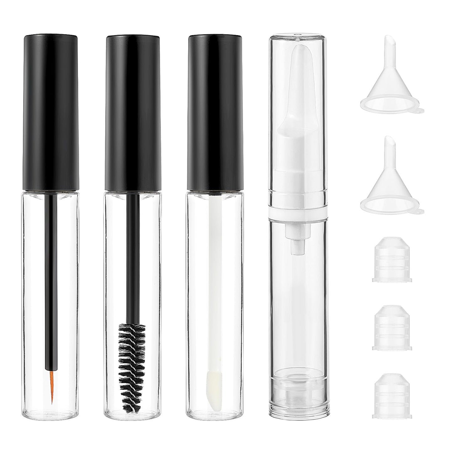 10ml Empty Mascara Tube and Wand Lip Gloss Containers Eyeliner Tube Airless Pump Bottles 4 in 1 Set Travel Container with Bottle Stopper and Funnels (Black)
