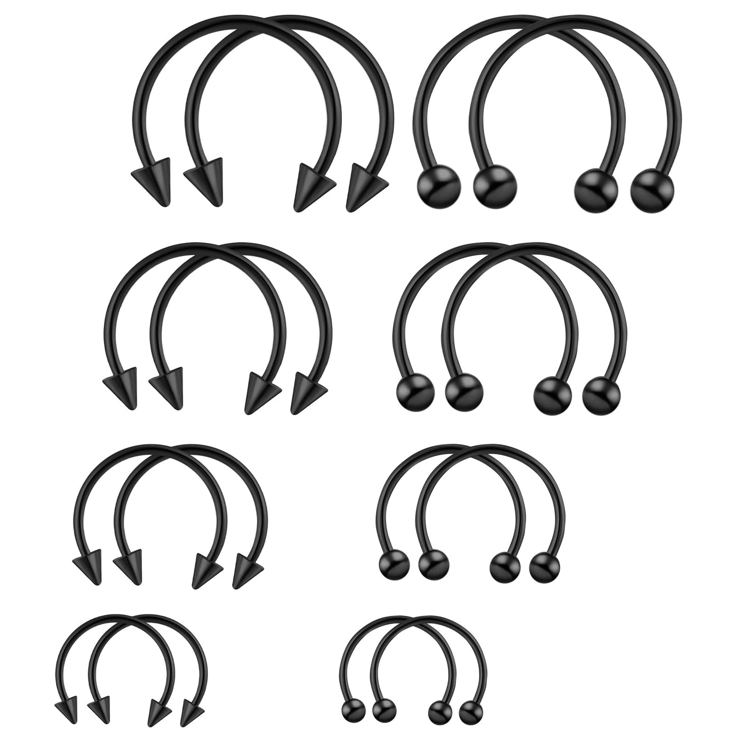 Tucnoeu 16pcs Septum Nose Rings 16 Gauge Nose Ring Multiple Different Sizes Horseshoe Nose Ring,Stainless Steel Septum Ring for Men and Women (black)