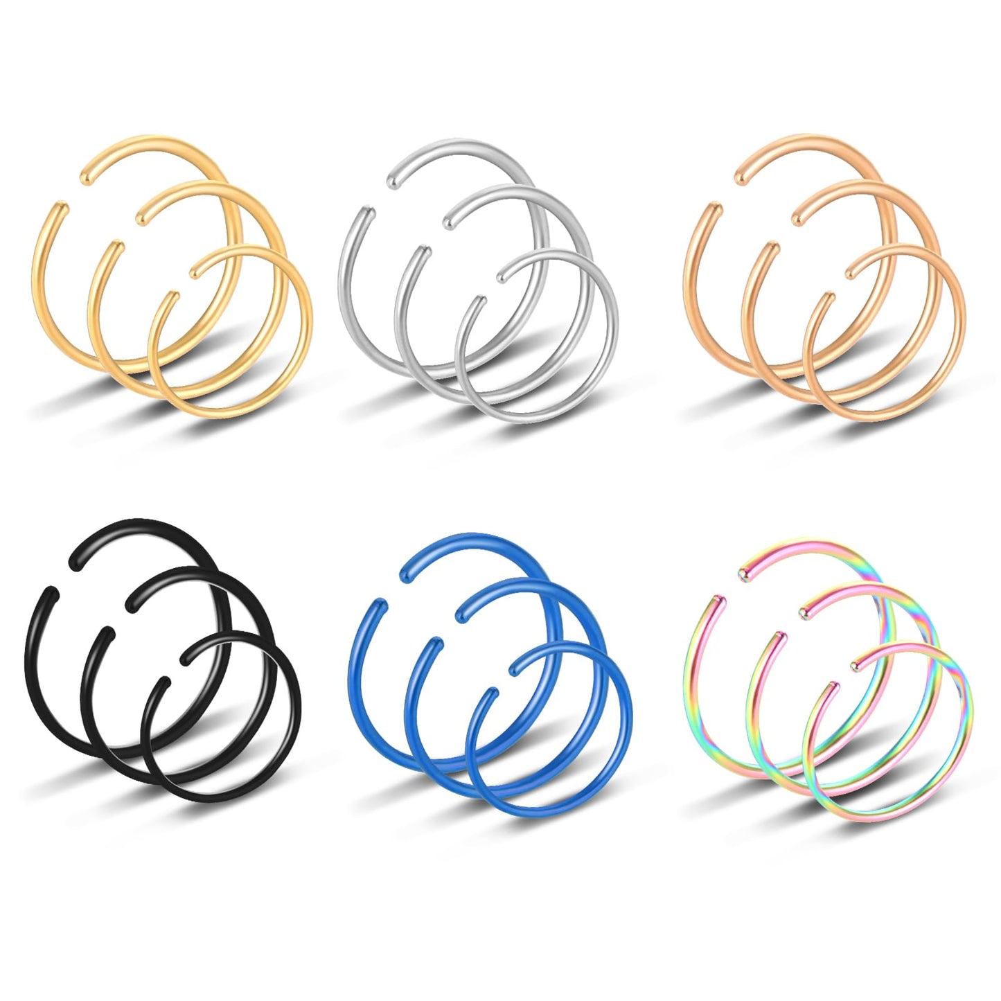 Lusofie 18Pcs Colorful Nose Ring Hoop Stainless Steel Hoop Nose Rings Nose Septum Lip Ear Hoop Rings Body Piercing Jewelry for Women Men(6-10MM)