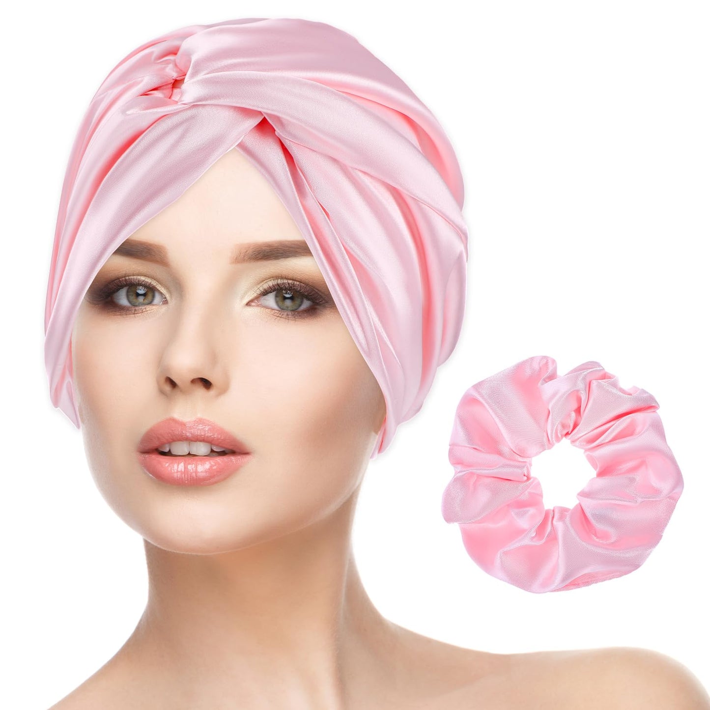 Silk Hair Bonnet for Women, Adjustable Silk Bonnet for Sleeping, Double Layer Soft Satin Bonnet with Silk Hair Scrunchies for Braid Curly Straight(pink)