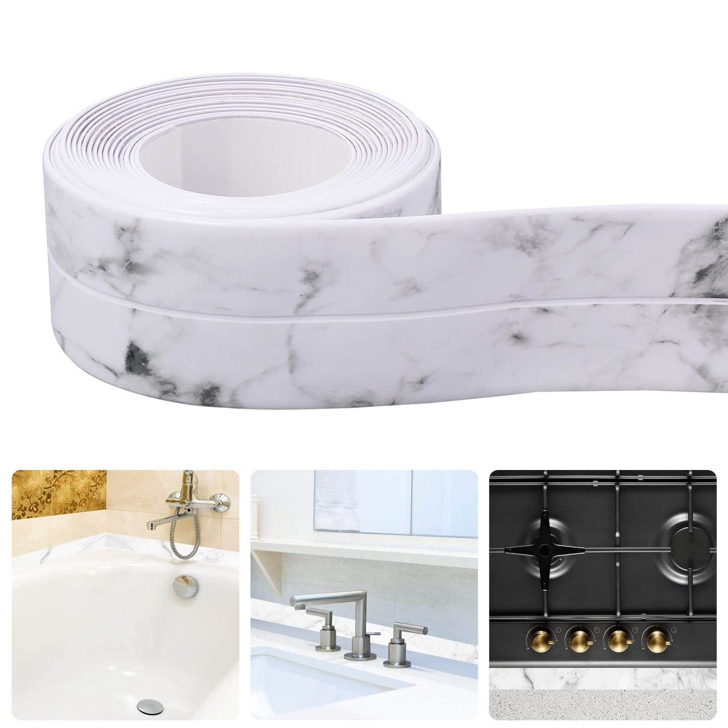 Waterproof Resistant Seal Tape - Self Adhesive PVC Bath Seal Strip for Shower, Bathtub, Bathroom, Kitchen Sink | No Tools Needed, Easy Peel & Stick | White Marble Effect (38mm x 3.2m)