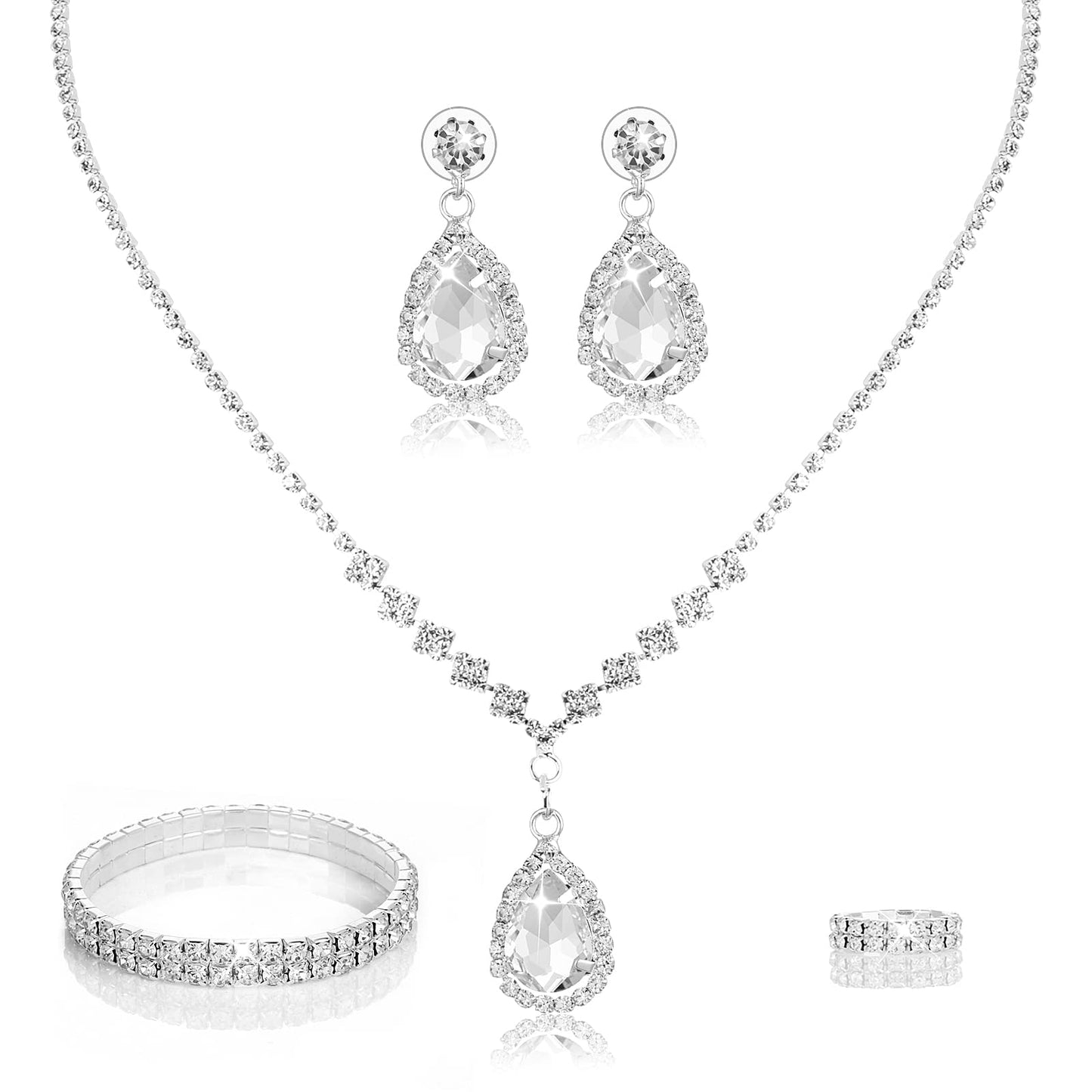 Yolev Bridal Wedding Jewellery Set Silver Rhinestone Necklaces and Earrings Set Sparkly Crystal Earrings Necklace Jewellery Set for Women and Girls