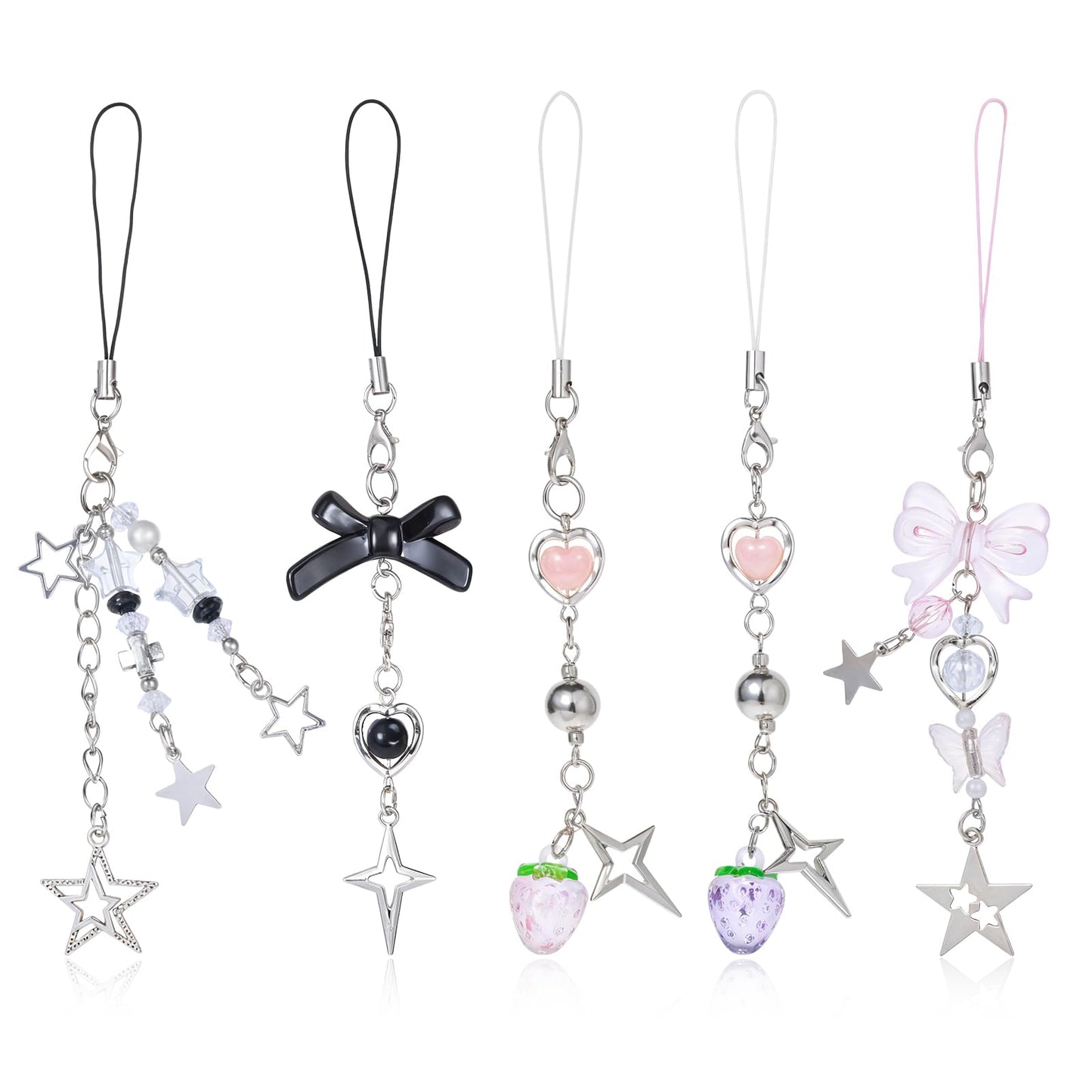 Tucnoeu 5pcs Phone Case Charms,Bow,Strawberry,Star Pattern Phone Charm,Bracelet Phone Lanyard,for Phone Bag Camera Pendants Decor
