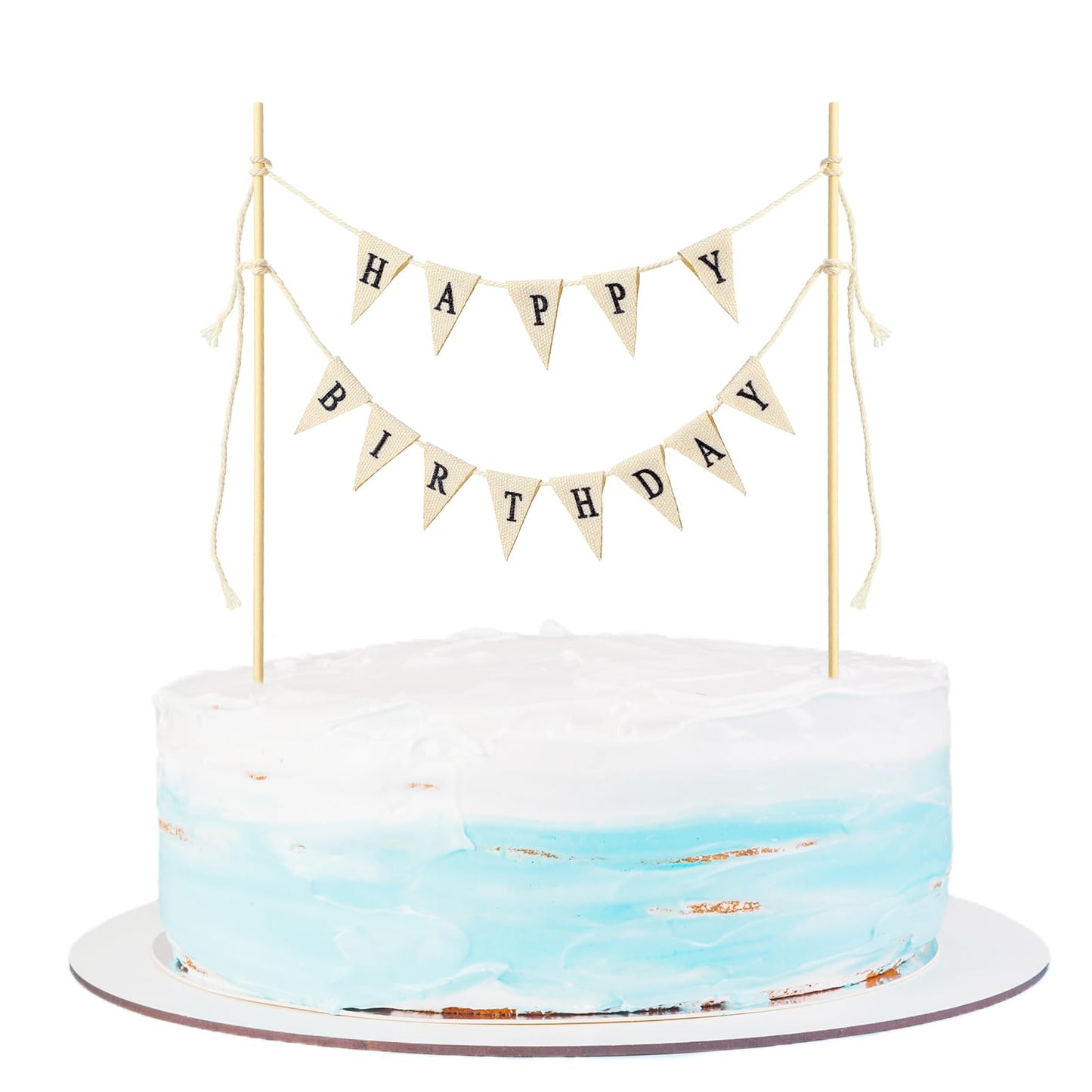 Happy Birthday Cake Toppers Personalized Birthday Cake Bunting Topper Happy Birthday Banner Cake Topper Happy Birthday Cake Sign Topper Garland Wood Pole Cake Topper for Birthday Party Supplies