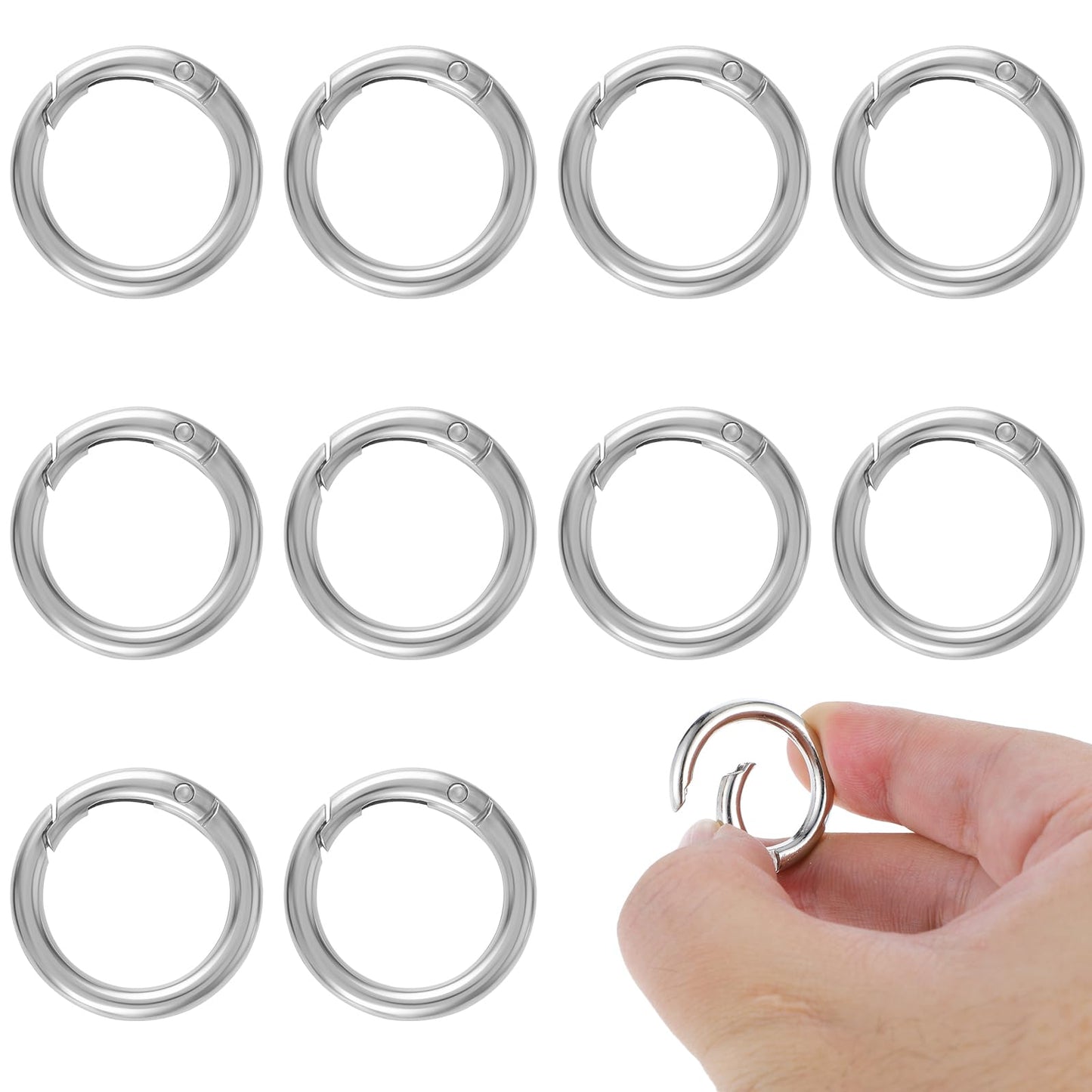 10Pcs Ring Clips Spring O Rings 3/4 inch(19mm) Inside Diameter Round Carabiner Clip Trigger Metal Spring Keyrings Buckle for Handbag Craft Making(Silver)