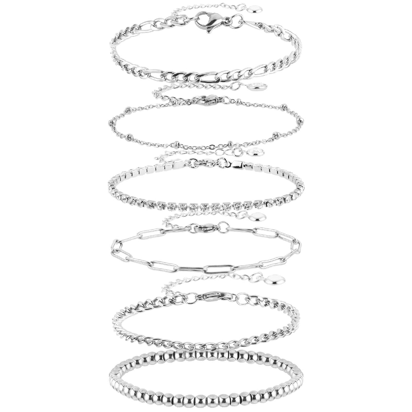 Lusofie 6Pcs Dainty Bracelet Silver Bracelet Set, Stackable Bracelets Figaro Rope Paperclip Chain Bracelet Silver Bracelet Set for Women