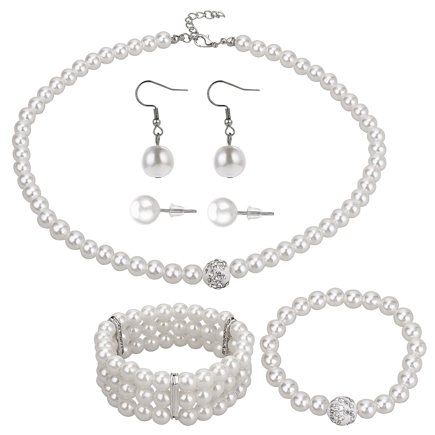 DIVINA VITAE 5 Piece Pearl Necklace and Bracelet Set Pearls Necklace Set for Women Simulated White Pearl Necklace and Earring Set Pearl Necklace Bracelet Earrings Set for Wedding Birthday Party Gift