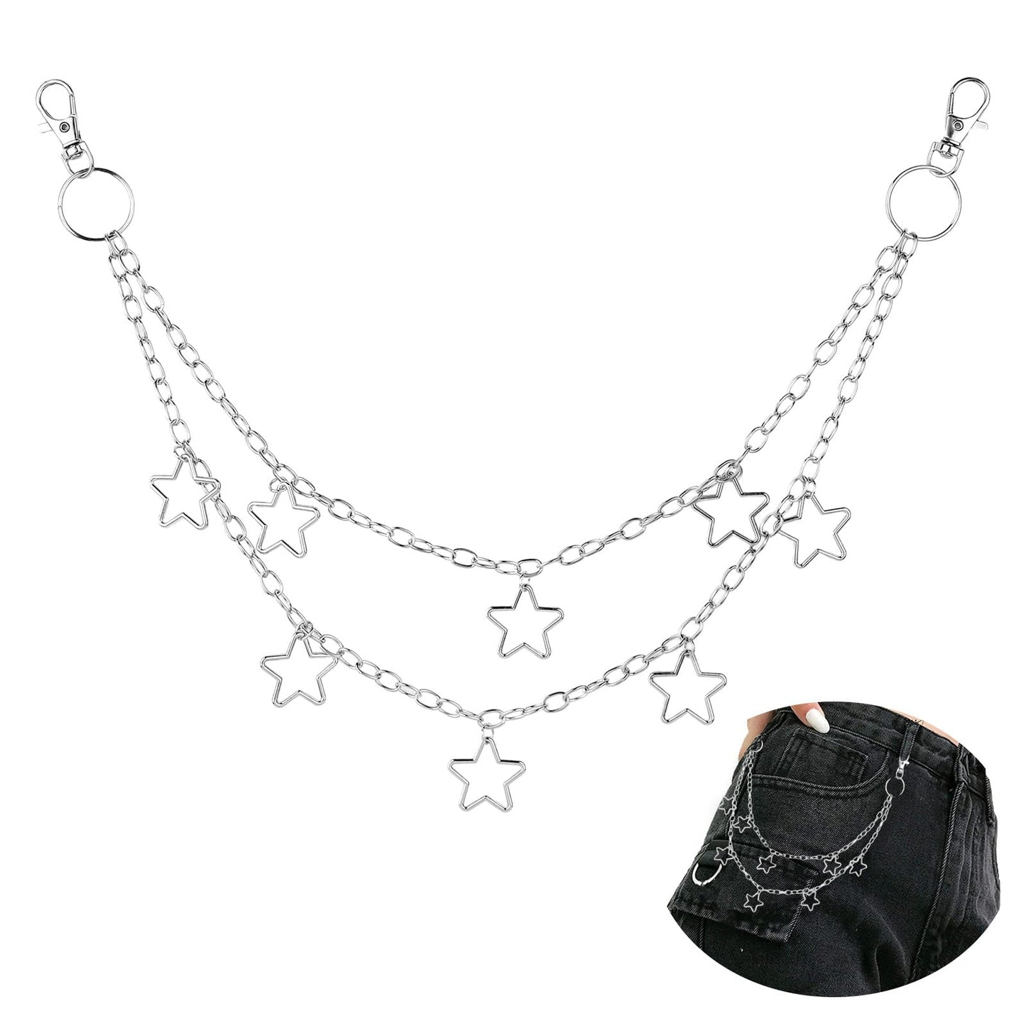Vintage Pants Chain,Star Jean Chain,Two Layered Pocket Chain Waist Chain,Silver Trousers Chain Clothes Accessories