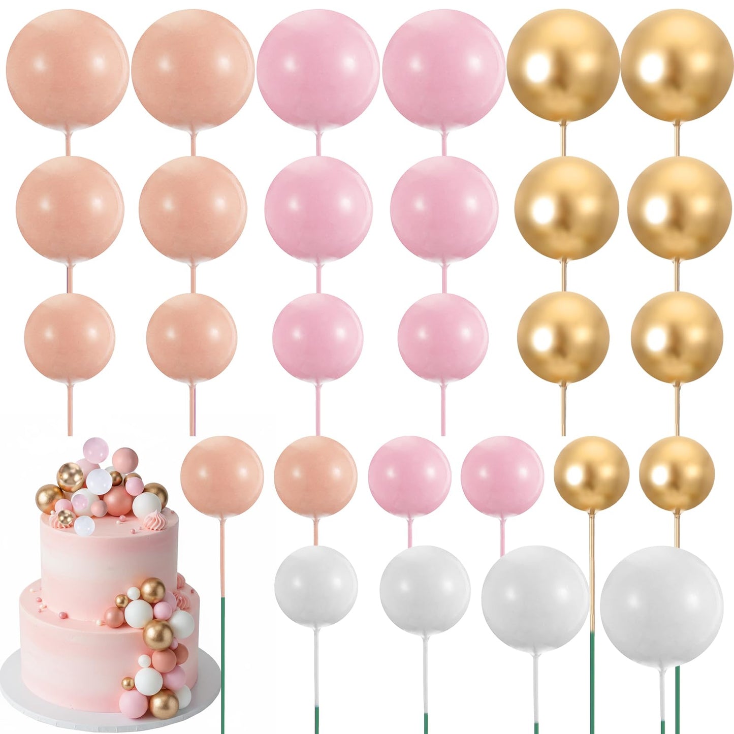 32 Pcs cake balls decorations - 4 Sizes balloon cake topper Pink, Gold, White - Foam Balls Cake Picks Cake Topper For Wedding Birthday Party Cake Decorations