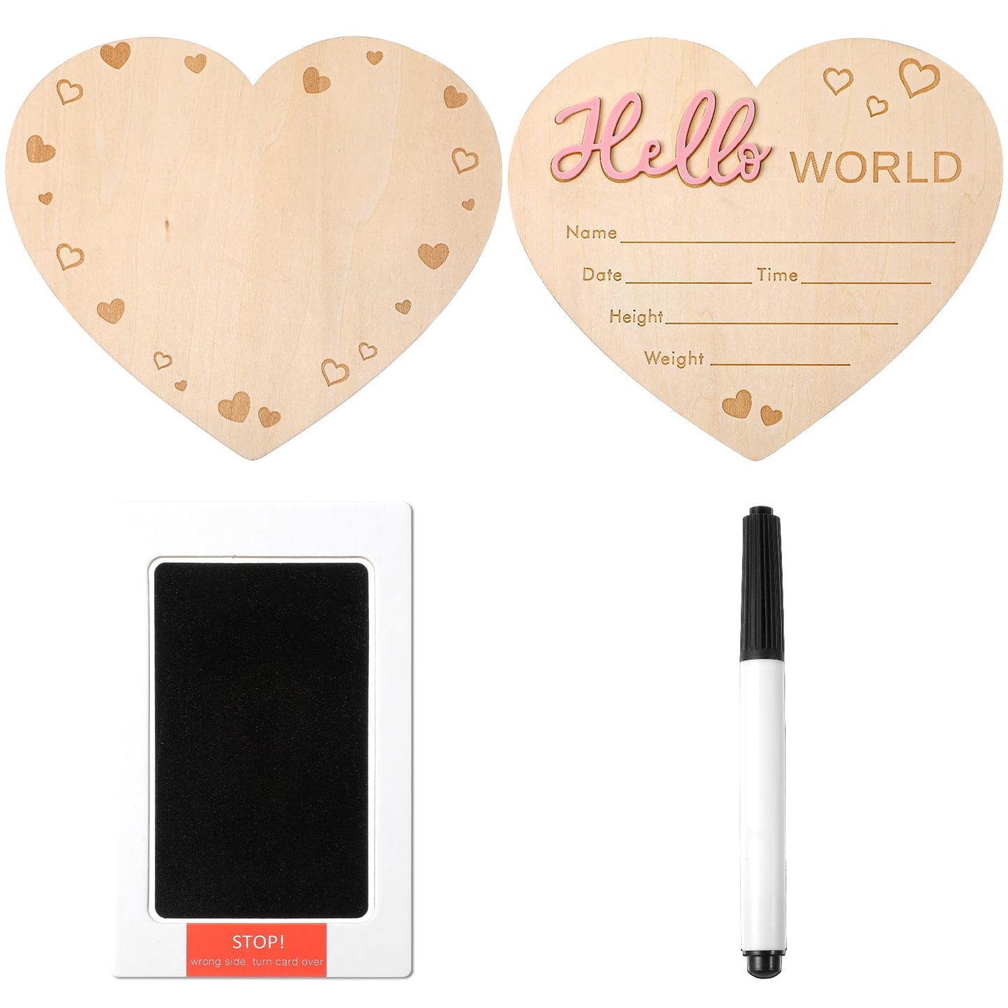 Lusofie Baby Announcement Sign, Wooden Hello World Newborn Sign, Baby Name Sign With Ink and Marker Pen, Heart Shape Birth Announcement Signs For Hospital
